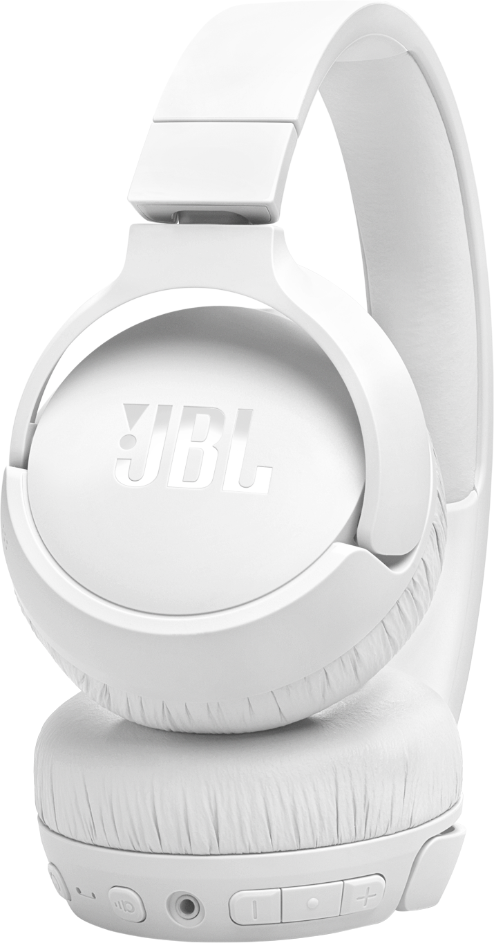 Casque JBL blanc, incliné, avec des commandes visibles.