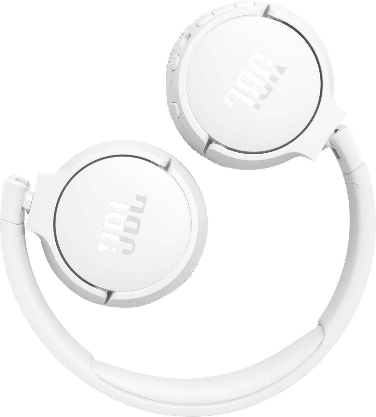 Casque JBL blanc plié, avec logo JBL sur les écouteurs. Fond blanc.
