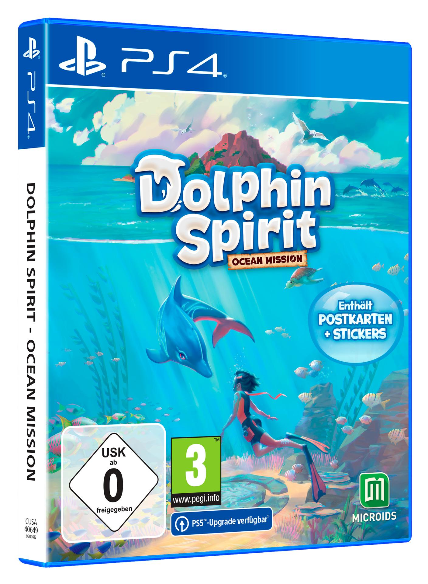 Box-Art für das PS4-Spiel 'Dolphin Spirit: Ocean Mission' mit einem Delfin und einer Unterwasserszene.
