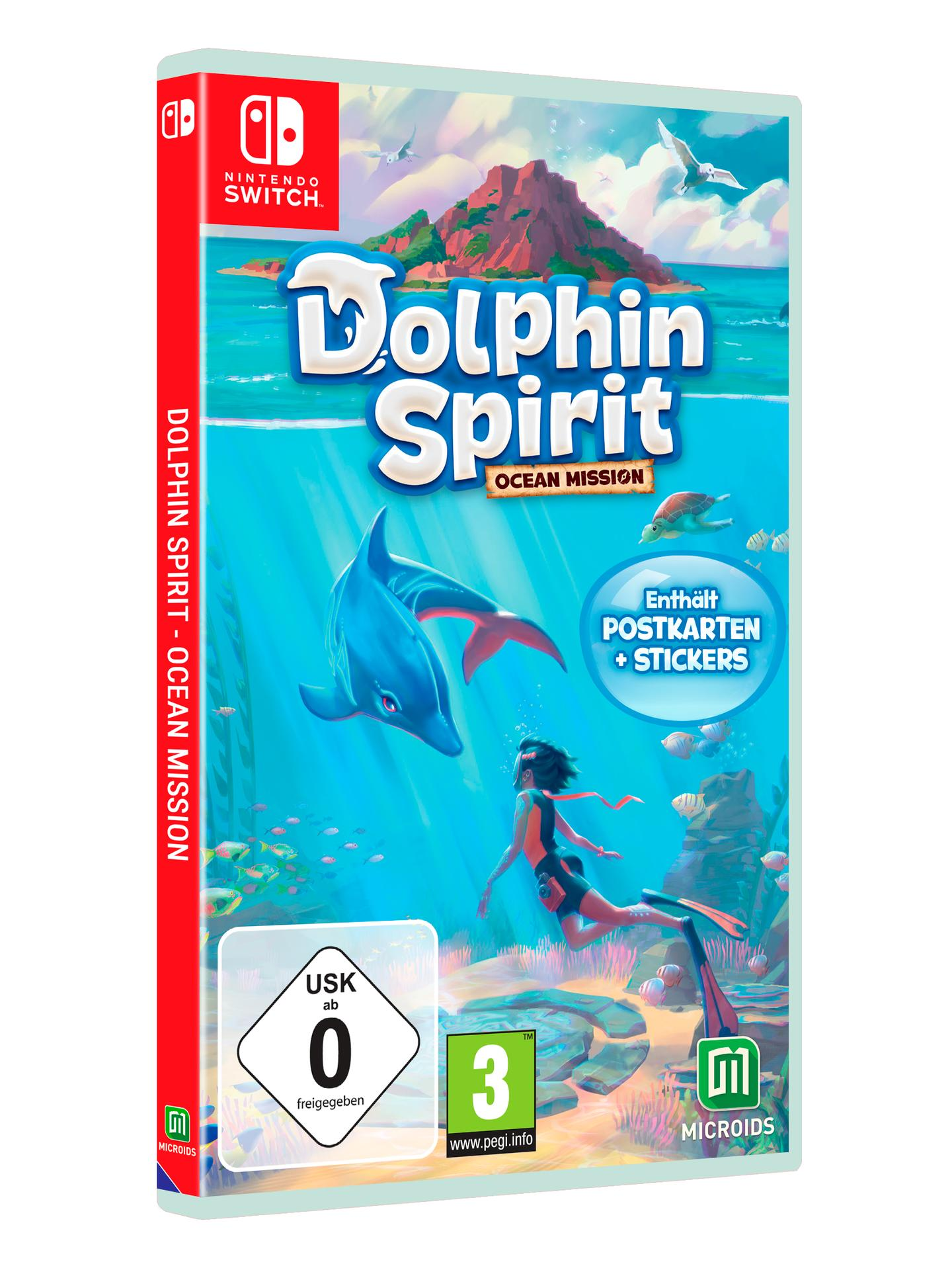 Nintendo Switch Spielcover. Dolphin Spirit: Ocean Mission. Ein Delfin und ein Mädchen sind im Wasser.