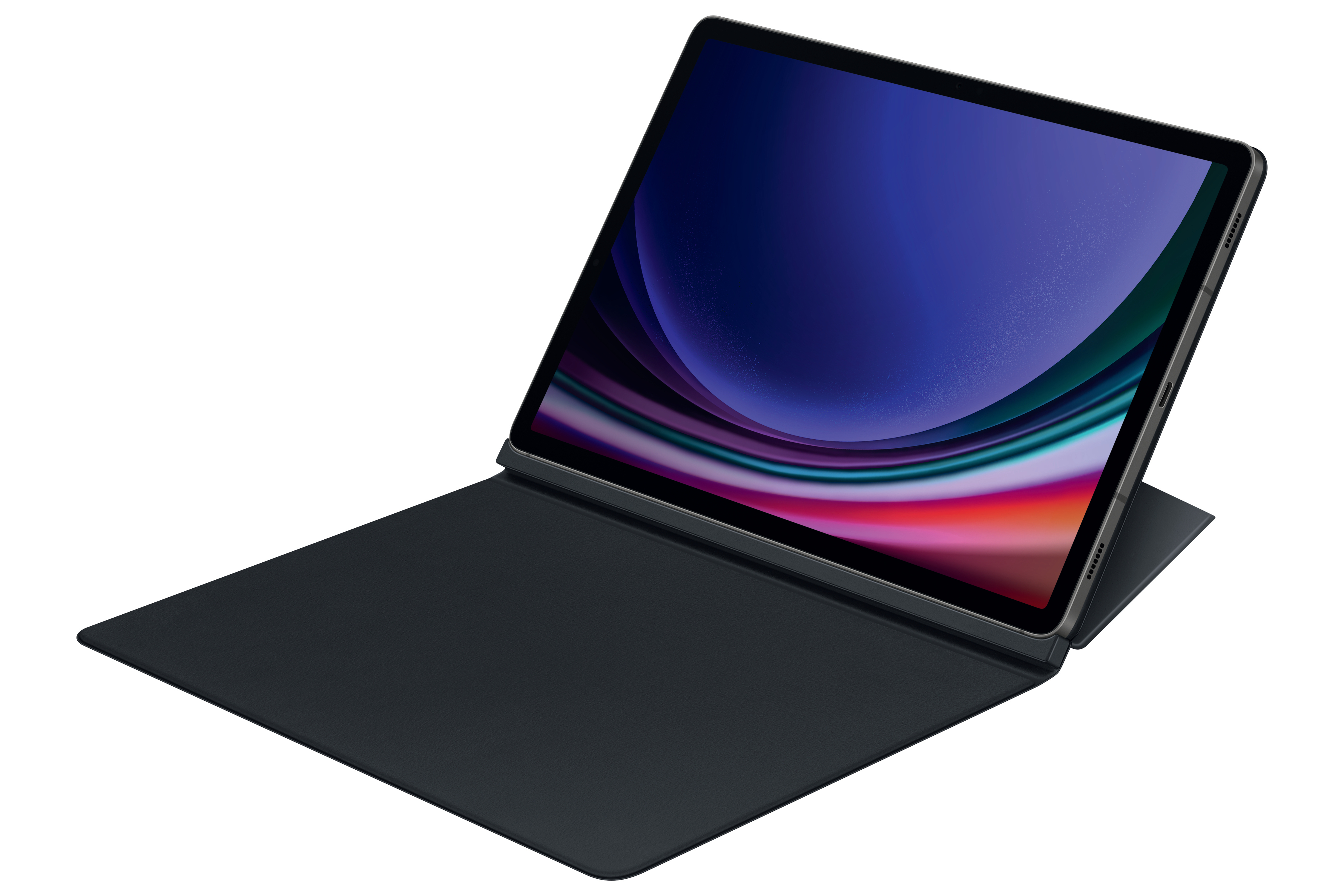 Tablet mit dunkler Hülle, die geöffnet ist, um den Bildschirm mit einem lebendigen Bild anzuzeigen.