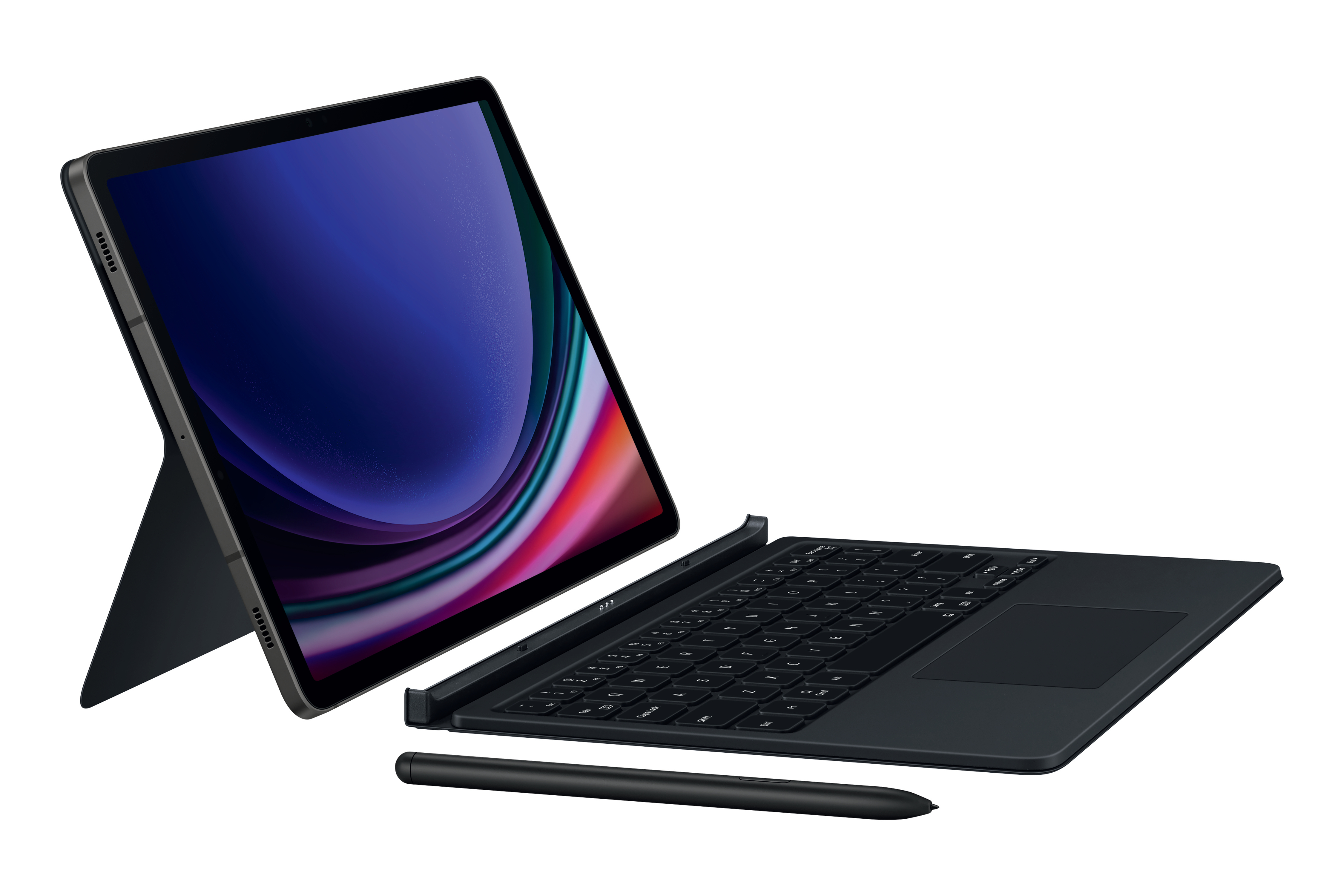 Ein Tablet mit Tastatur und Stift auf weißem Untergrund.