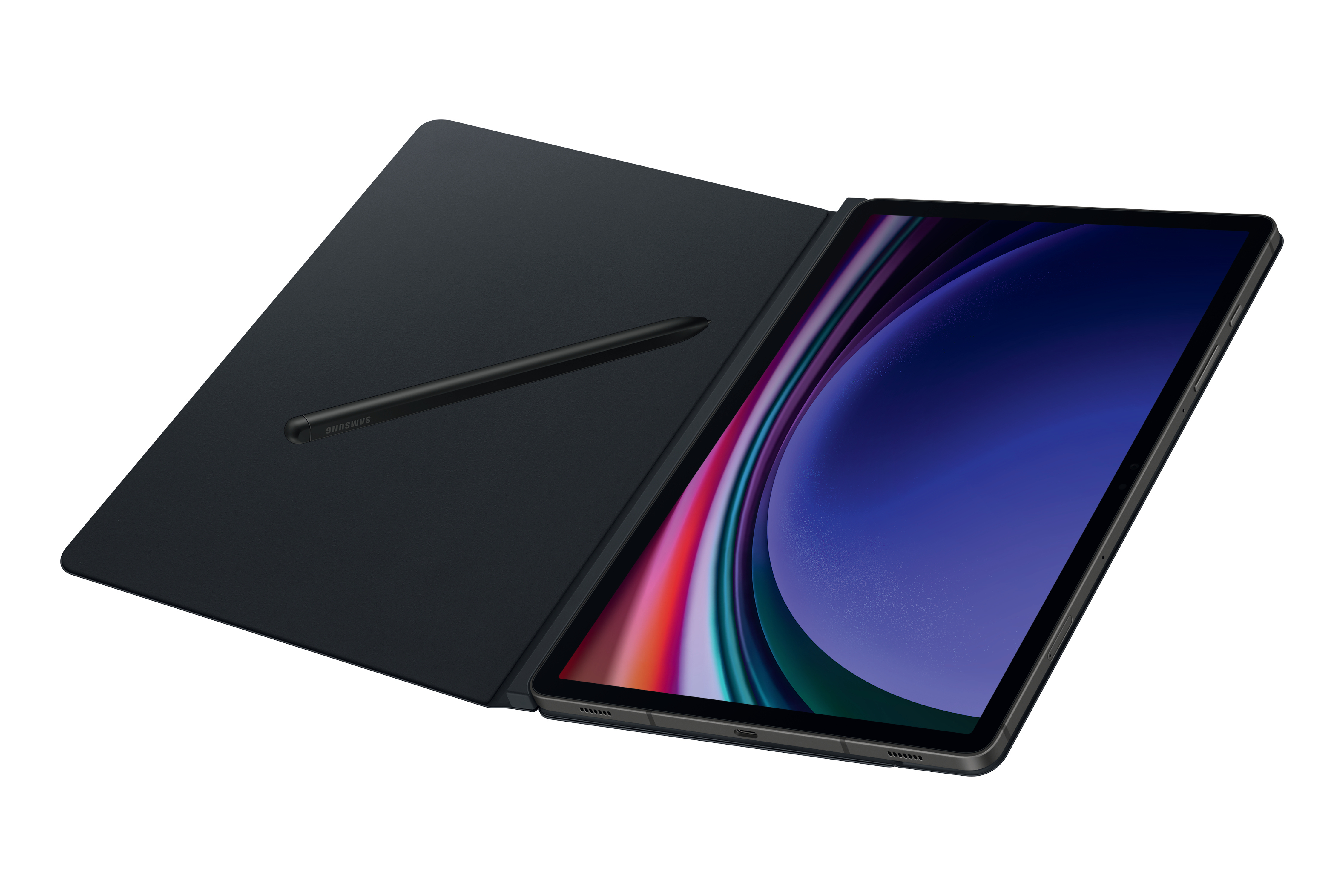 Samsung Tablet mit schwarzem Cover und Stift. Das Tablet ist geöffnet und zeigt einen farbenfrohen Bildschirm. Cover ist geöffnet.