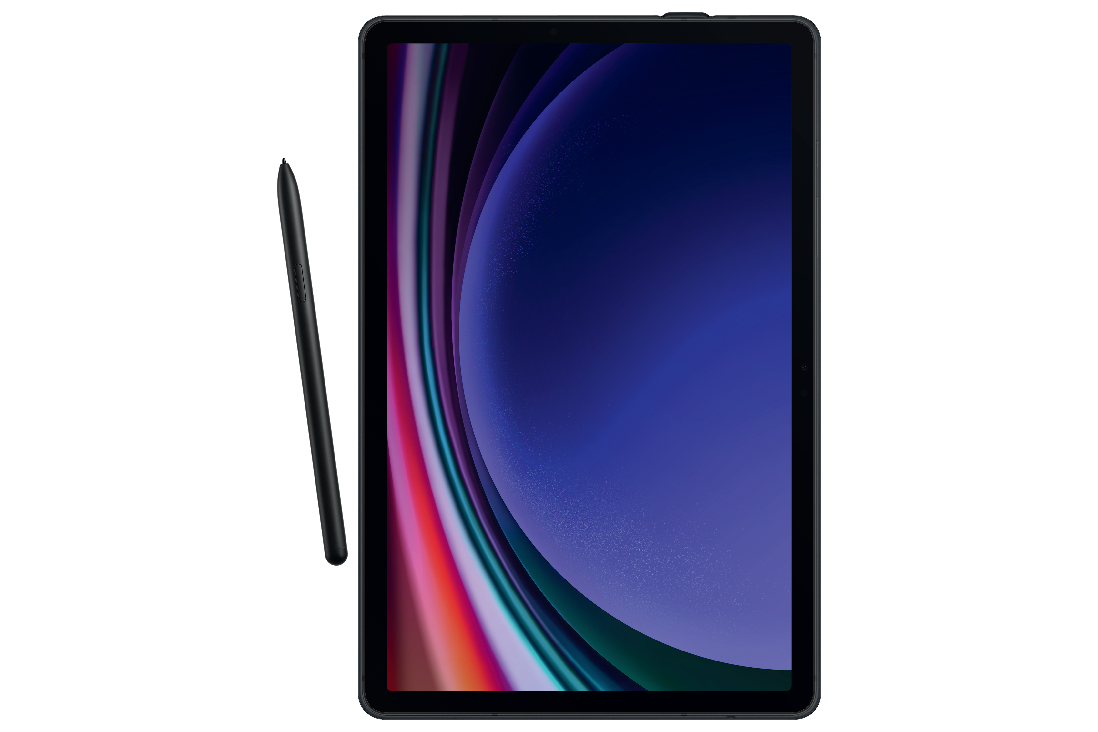 Schwarze Tablet-Tastaturhülle, schwarze Tasten, weißer Hintergrund.