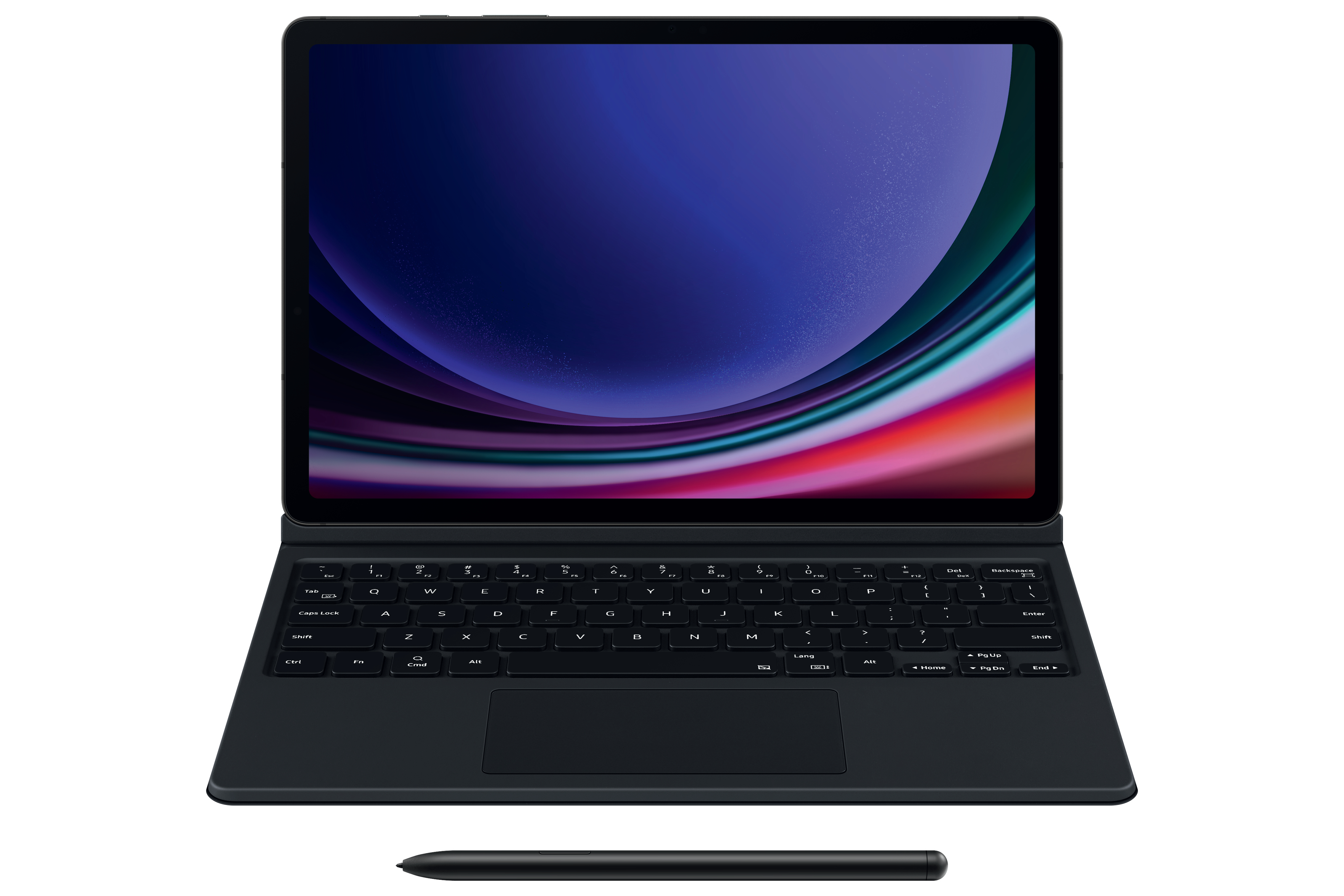 Ein schwarzes Tablet mit Tastaturabdeckung und Stift. Der Bildschirm zeigt einen bunten Farbverlauf.