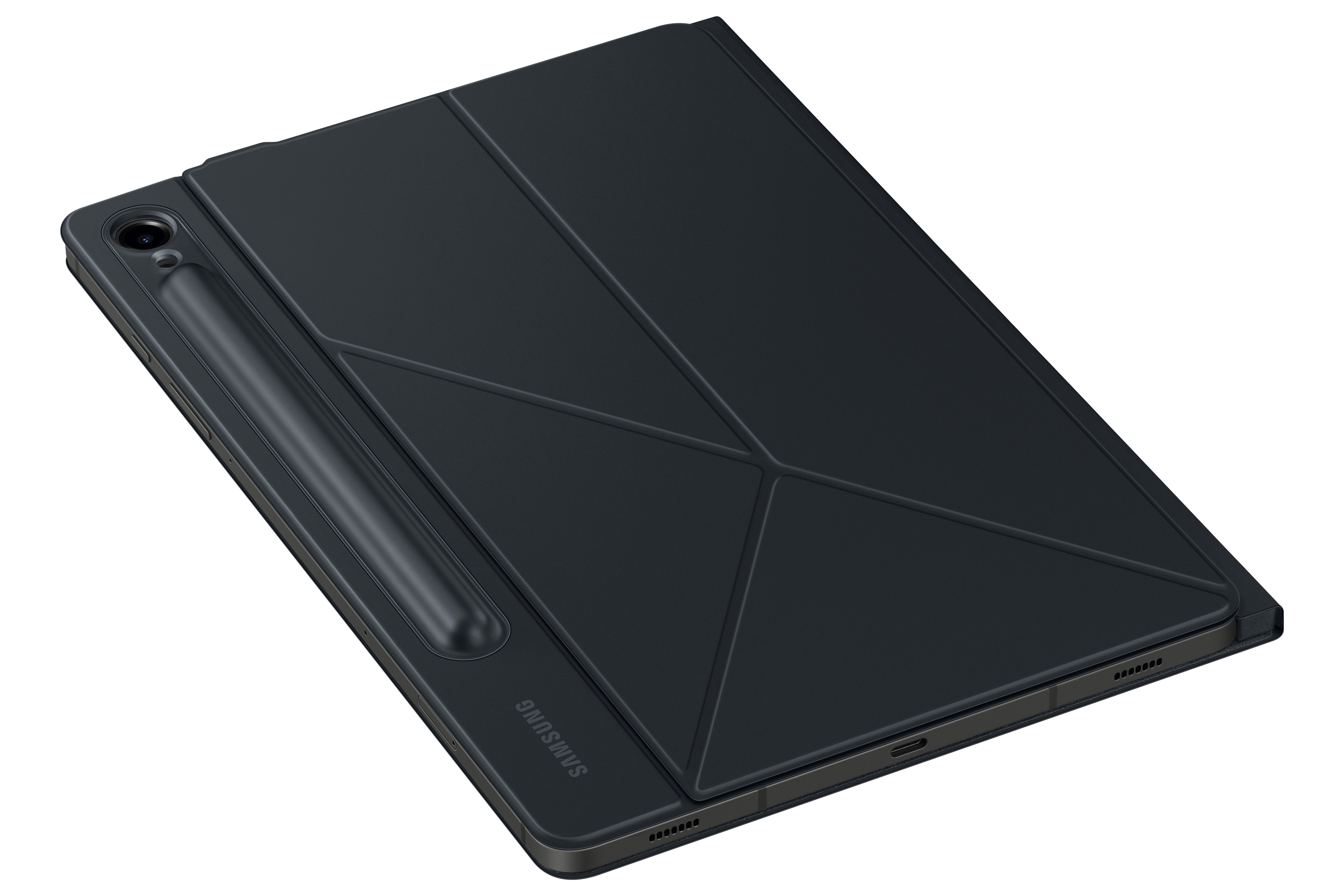 Ein schwarzes Tablet mit schwarzem Cover und Stift. Das Cover ist teilweise geschlossen.