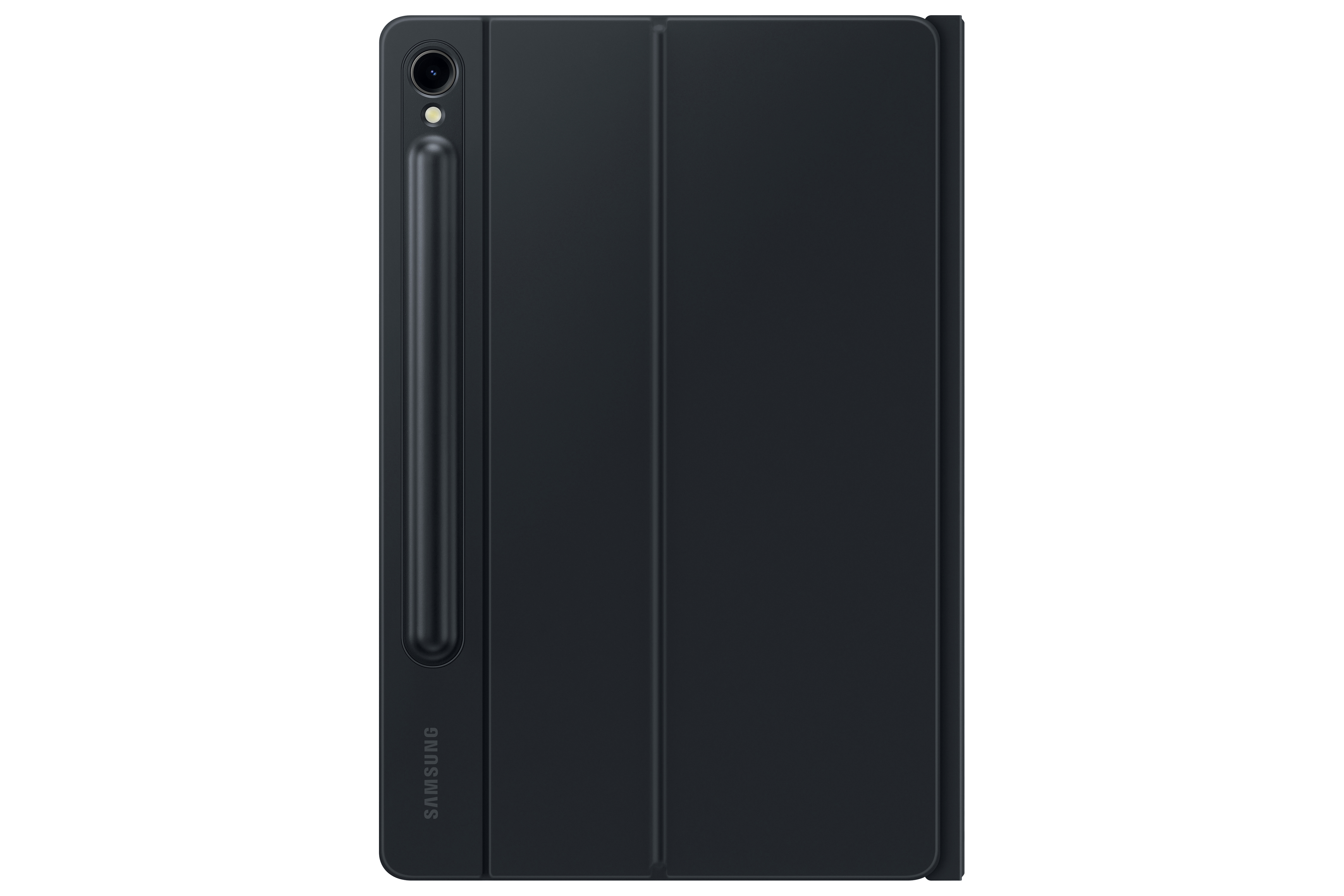 Eine schwarze Tablet-Hülle mit Stift, zusammengeklappt und geschlossen. Samsung-Logo sichtbar.