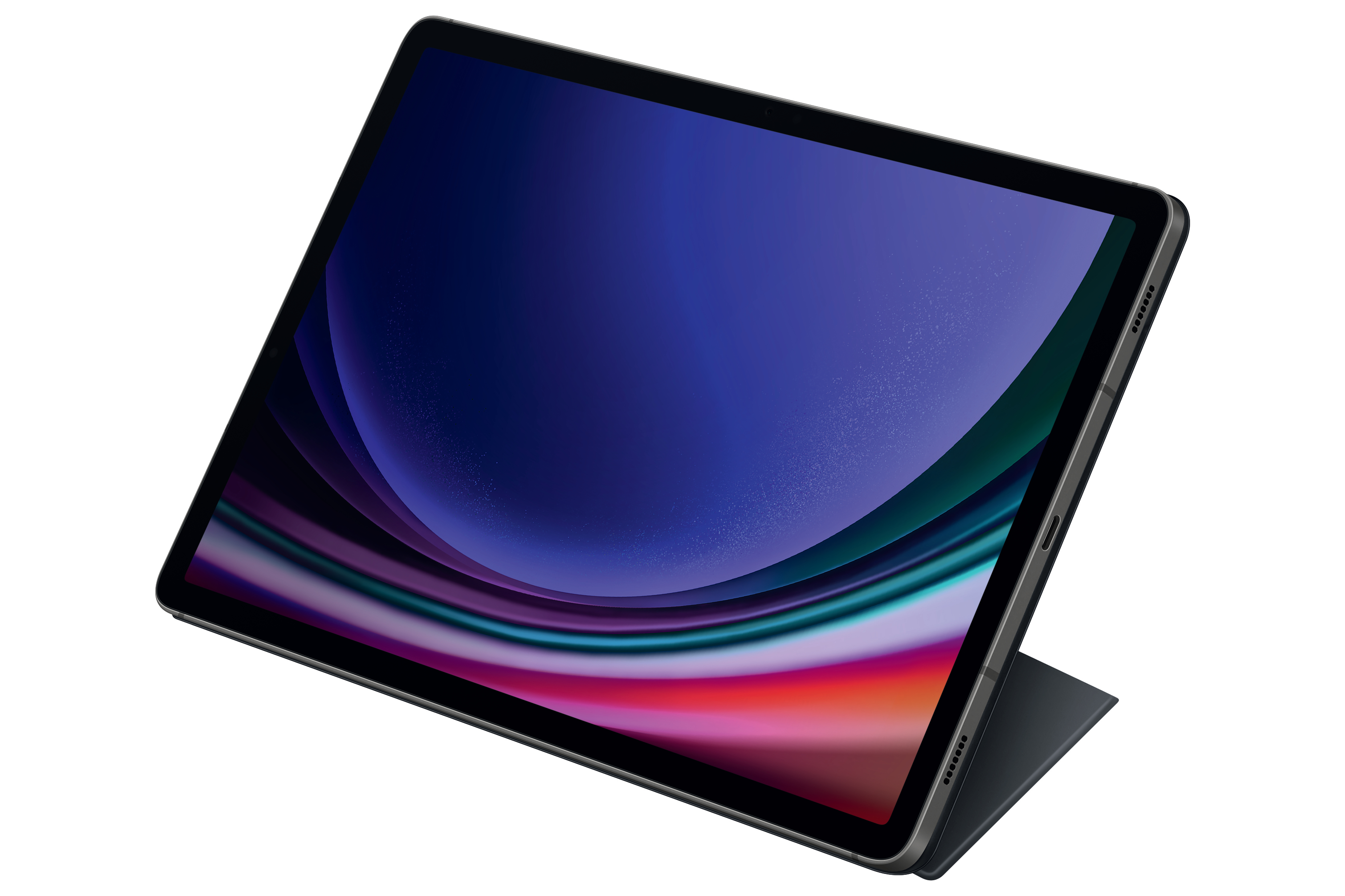 Abgewinkeltes Tablet auf einer Hülle, mit blauem und rotem abstraktem Bildschirm.