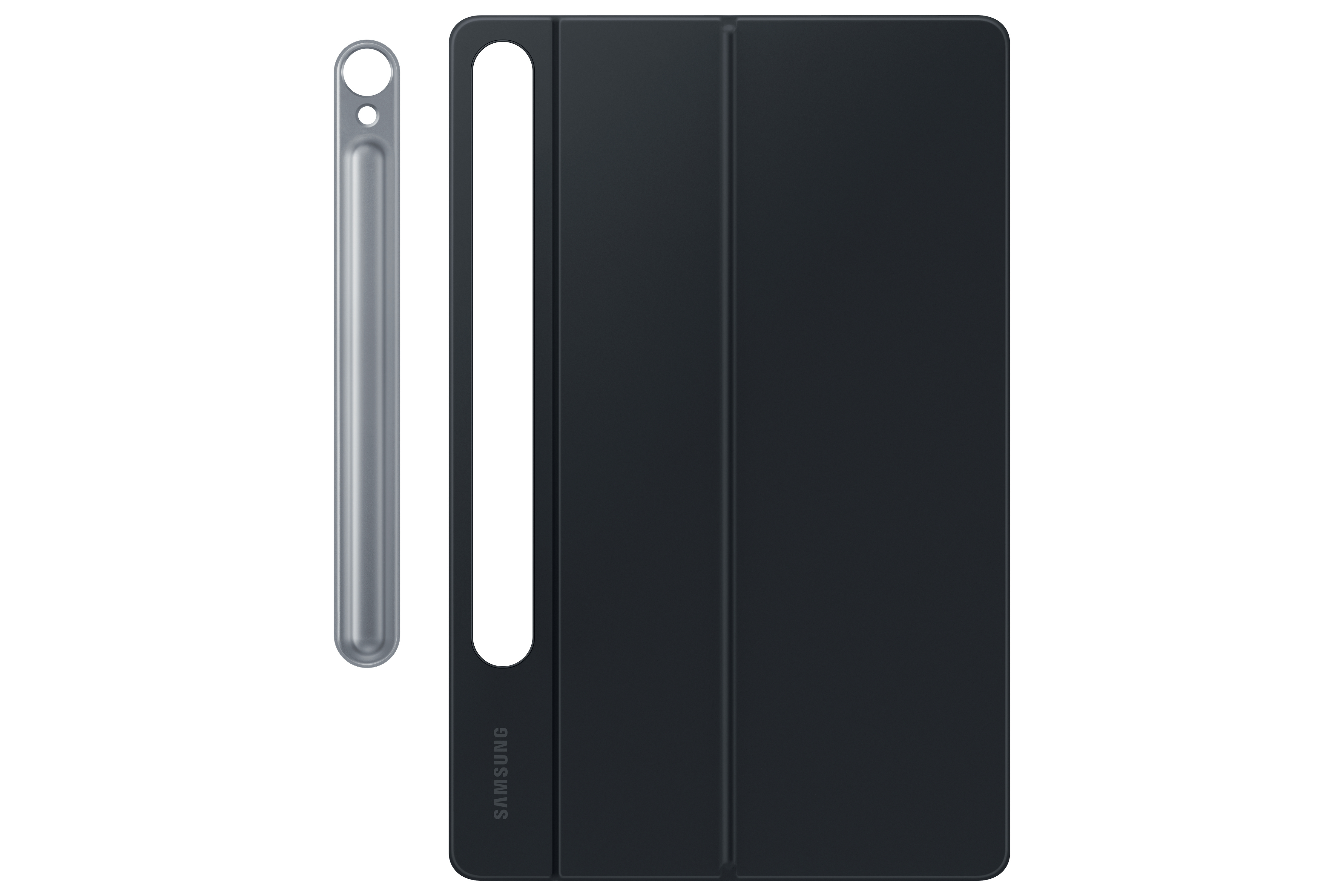 Schwarze Tablethülle mit Stift. Hülle hat Aussparung für Stift und Samsung-Branding.
