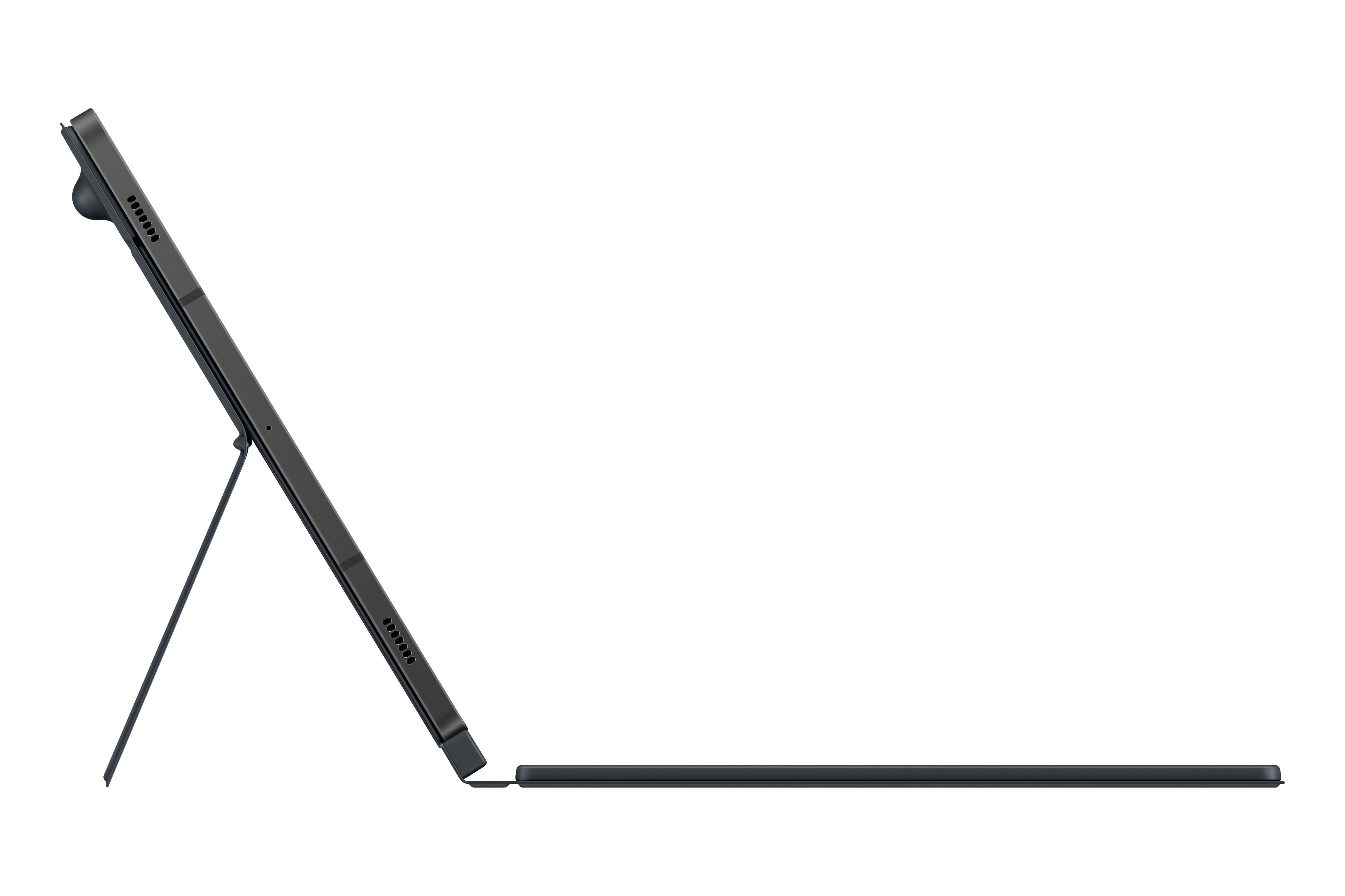 Tablet mit Tastaturabdeckung, Seitenansicht, schwarz, hochgeklappt, mit Stift unten.