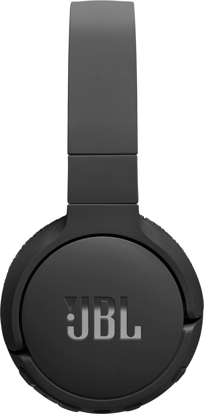 Schwarze JBL-Kopfhörer, Vorderansicht, mit JBL-Logo auf der Ohrmuschel und schwarzem Hintergrund.