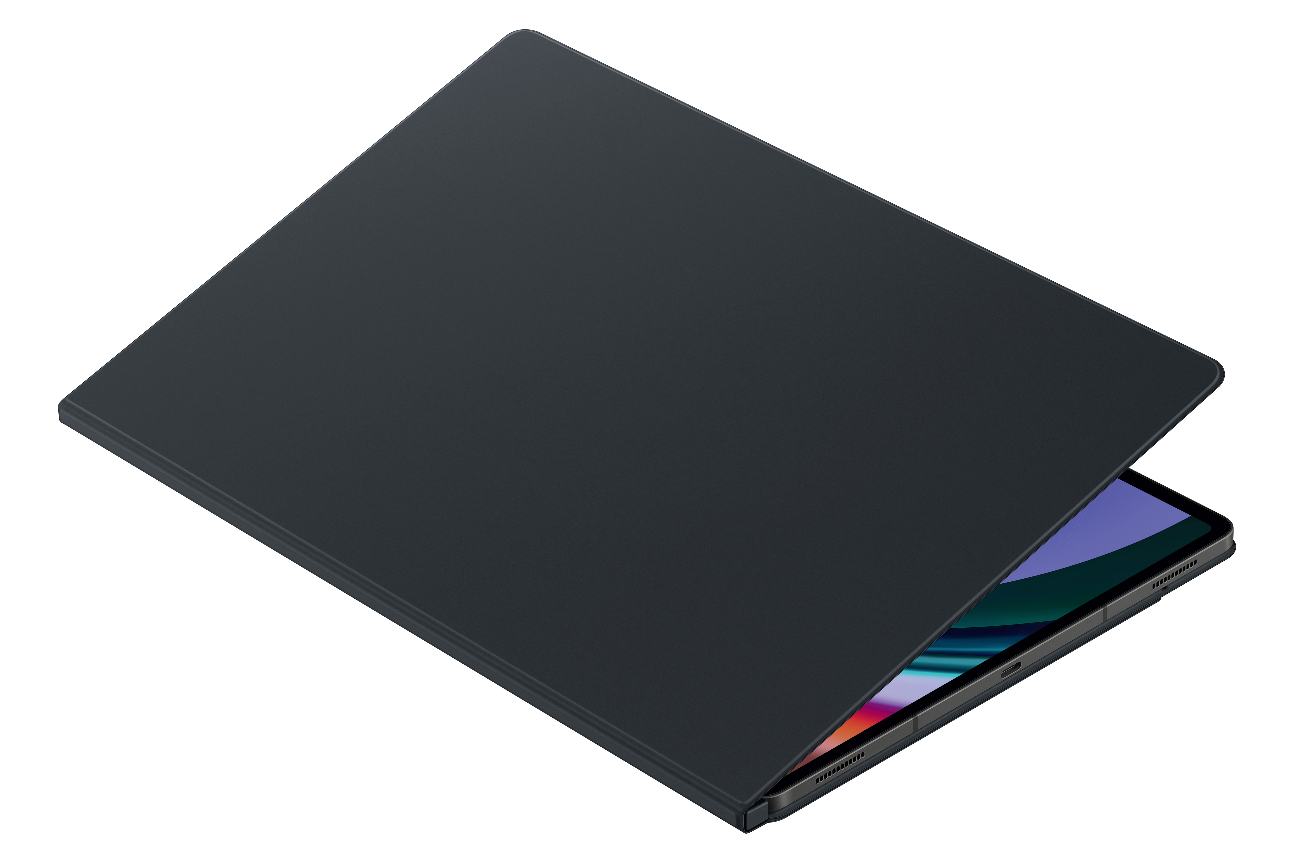 Schwarzes Tablet mit schwarzem Cover. Das Cover ist geöffnet und gibt den Bildschirm frei.