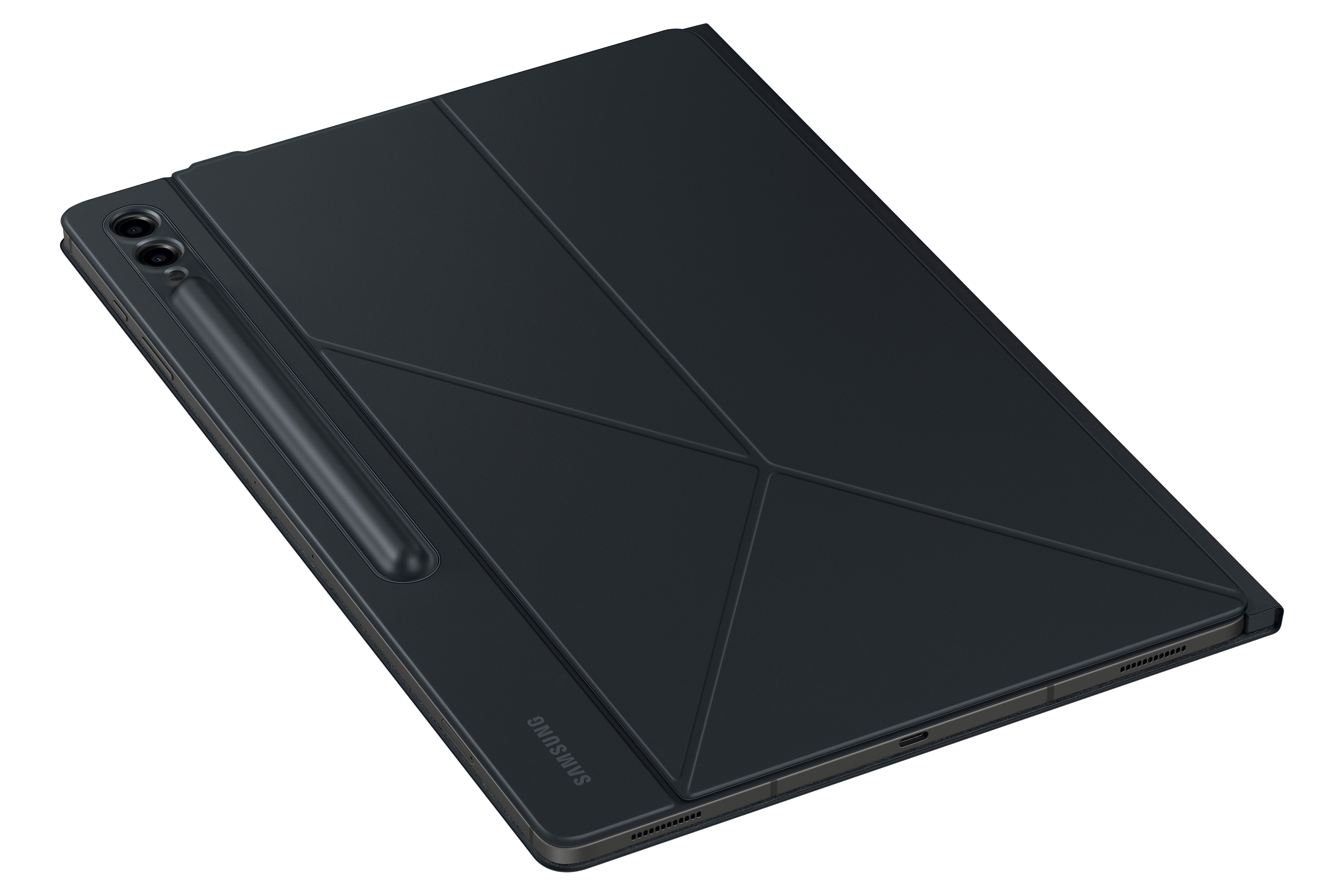 Schwarzes Tablet mit schwarzem Cover, Stift und Samsung-Logo. Angesicht.