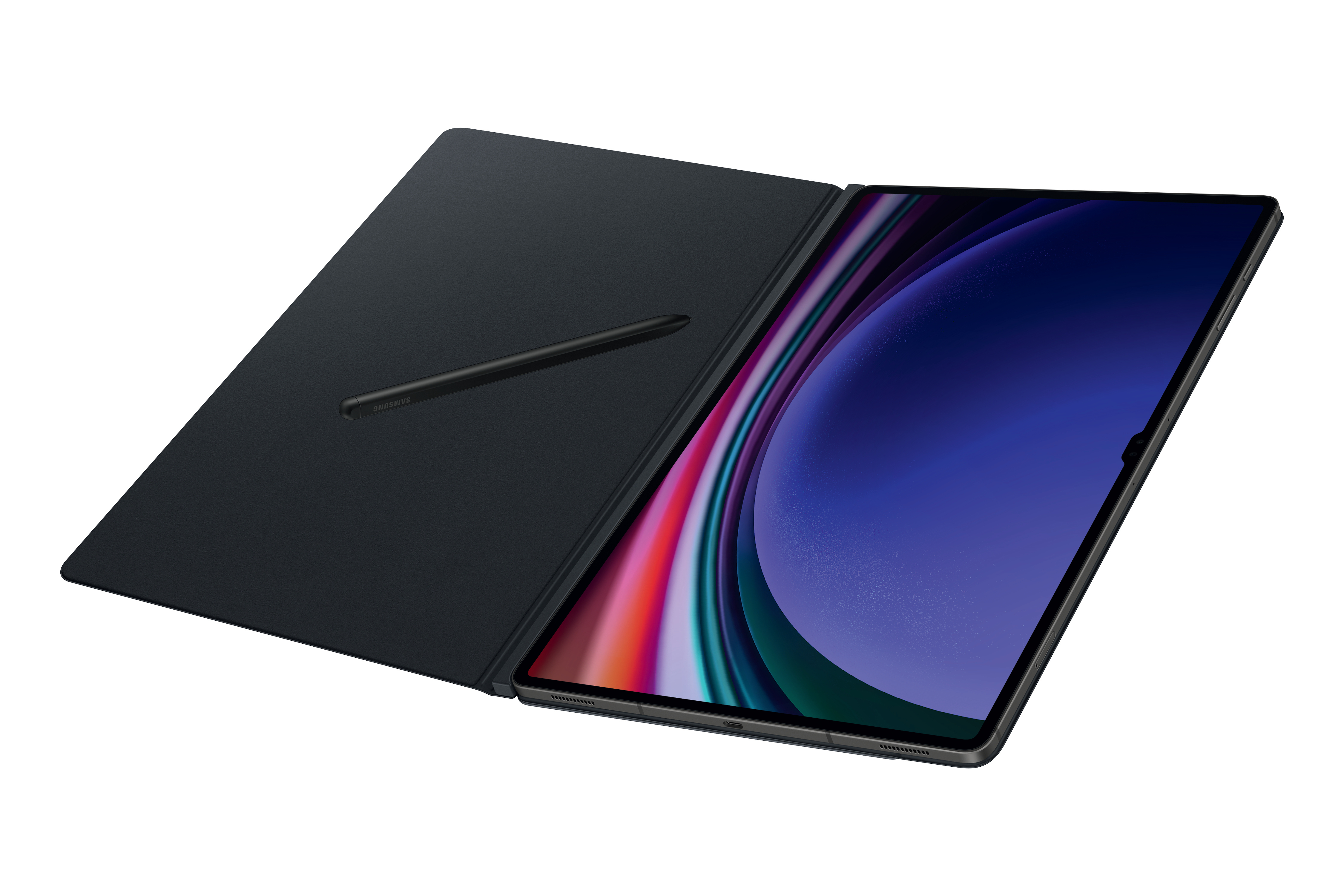 Tablet geöffnet mit Stift, Bildschirm zeigend, und Hülle.