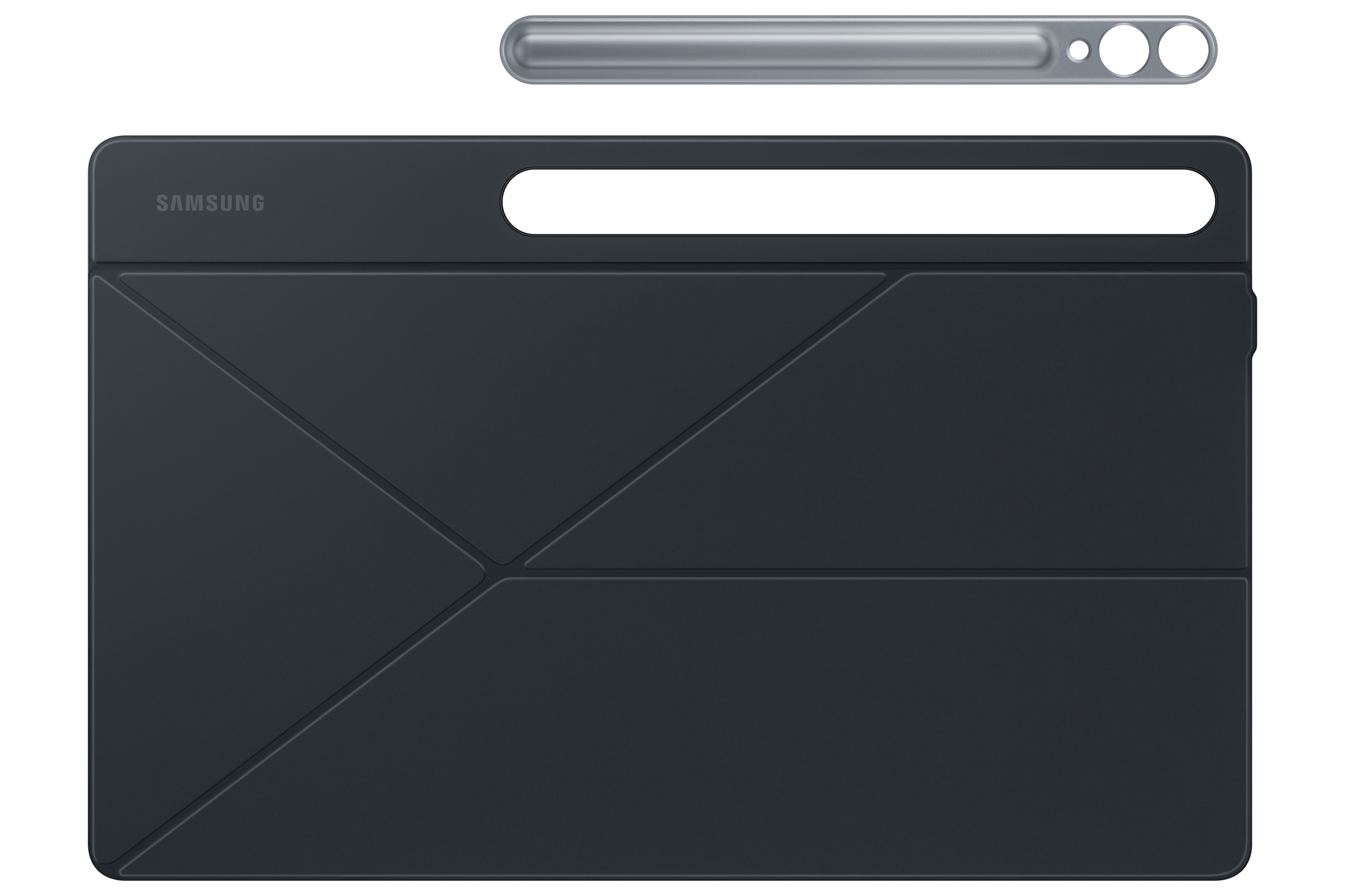 Schwarze Tablethülle mit Stift und silbernem Stift oben. Weißer Hintergrund.