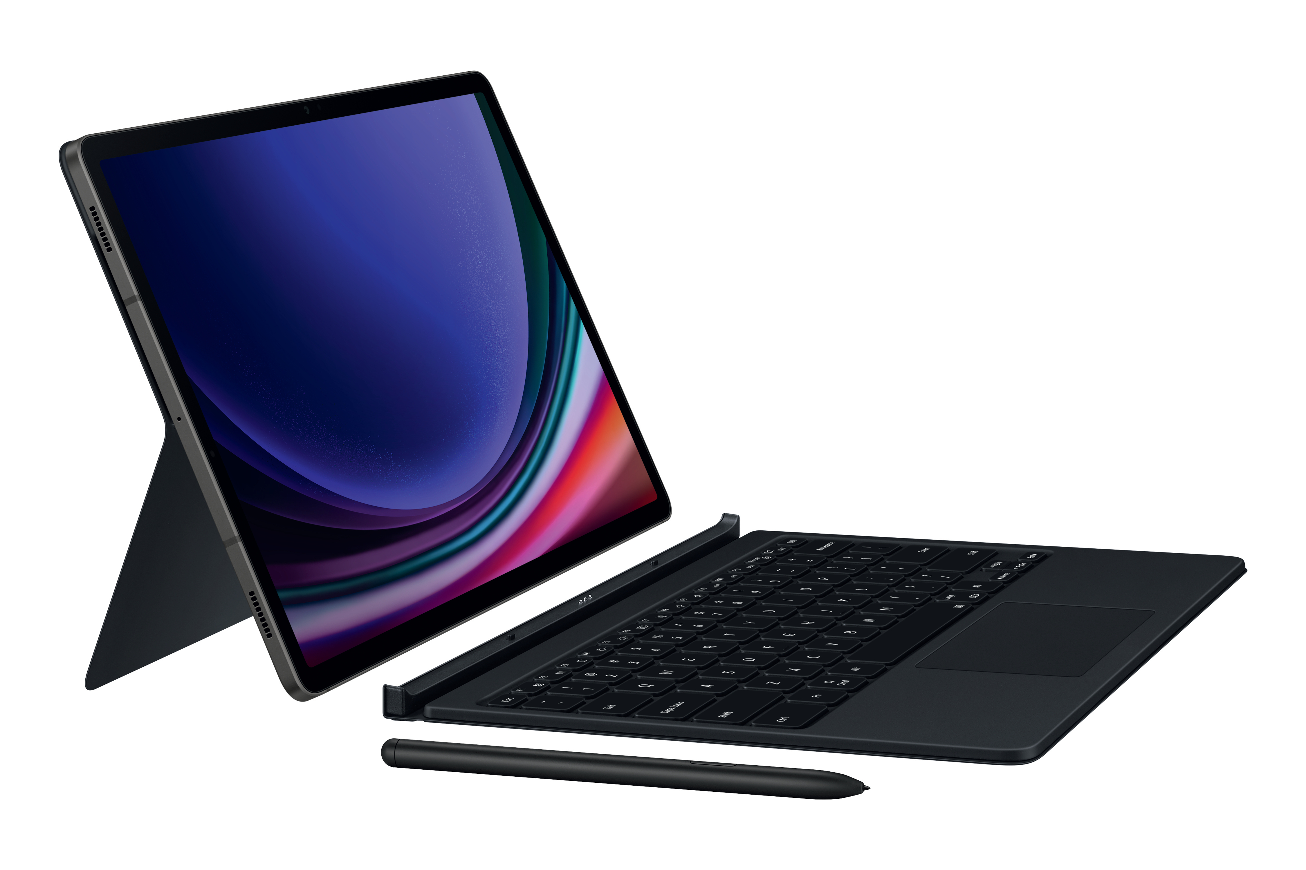 Ein schwarzes Tablet mit Tastatur und Stift.