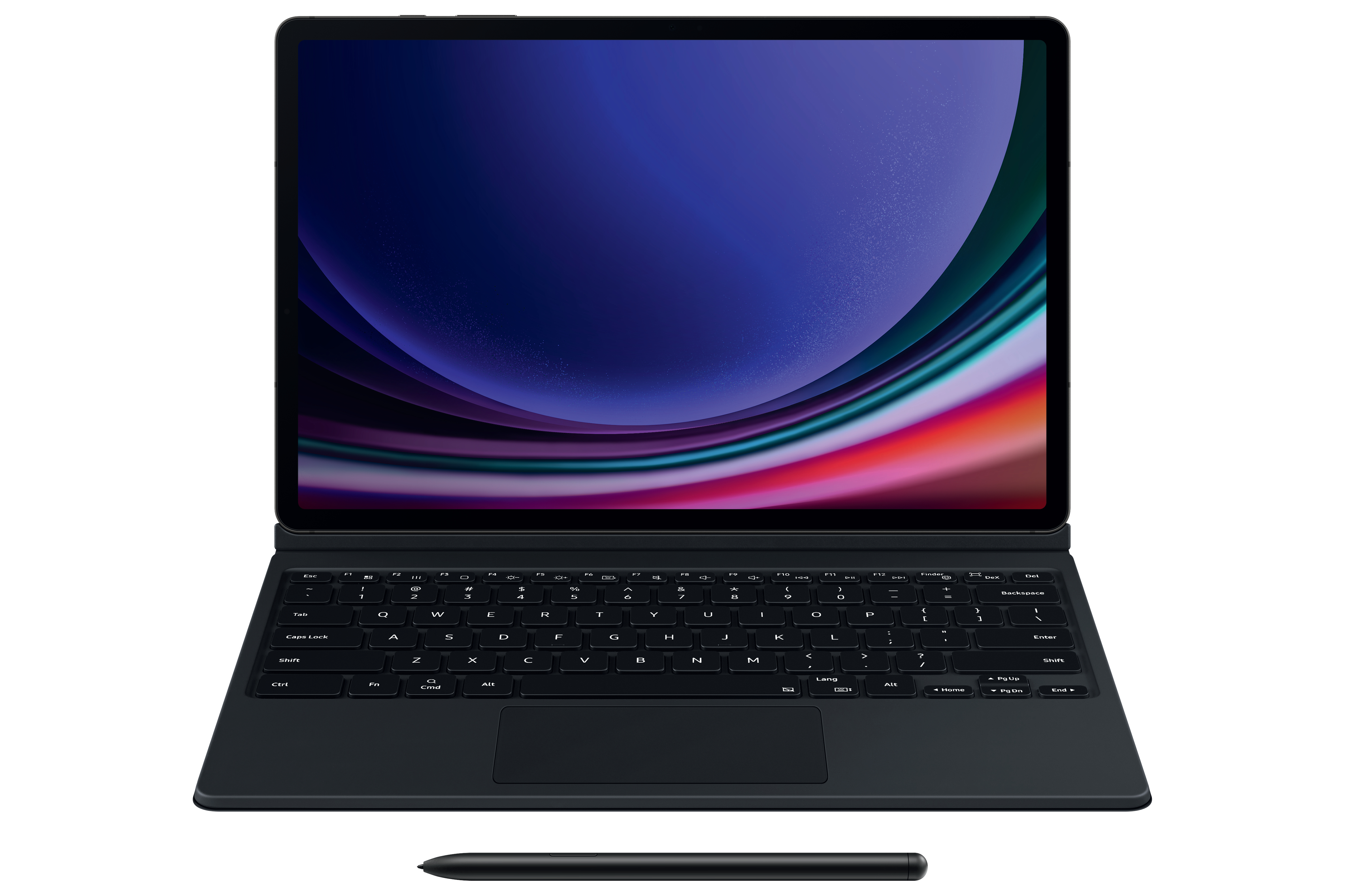 Ein Tablet mit Tastatur und Stift. Der Bildschirm ist eingeschaltet und zeigt ein farbenfrohes Bild.