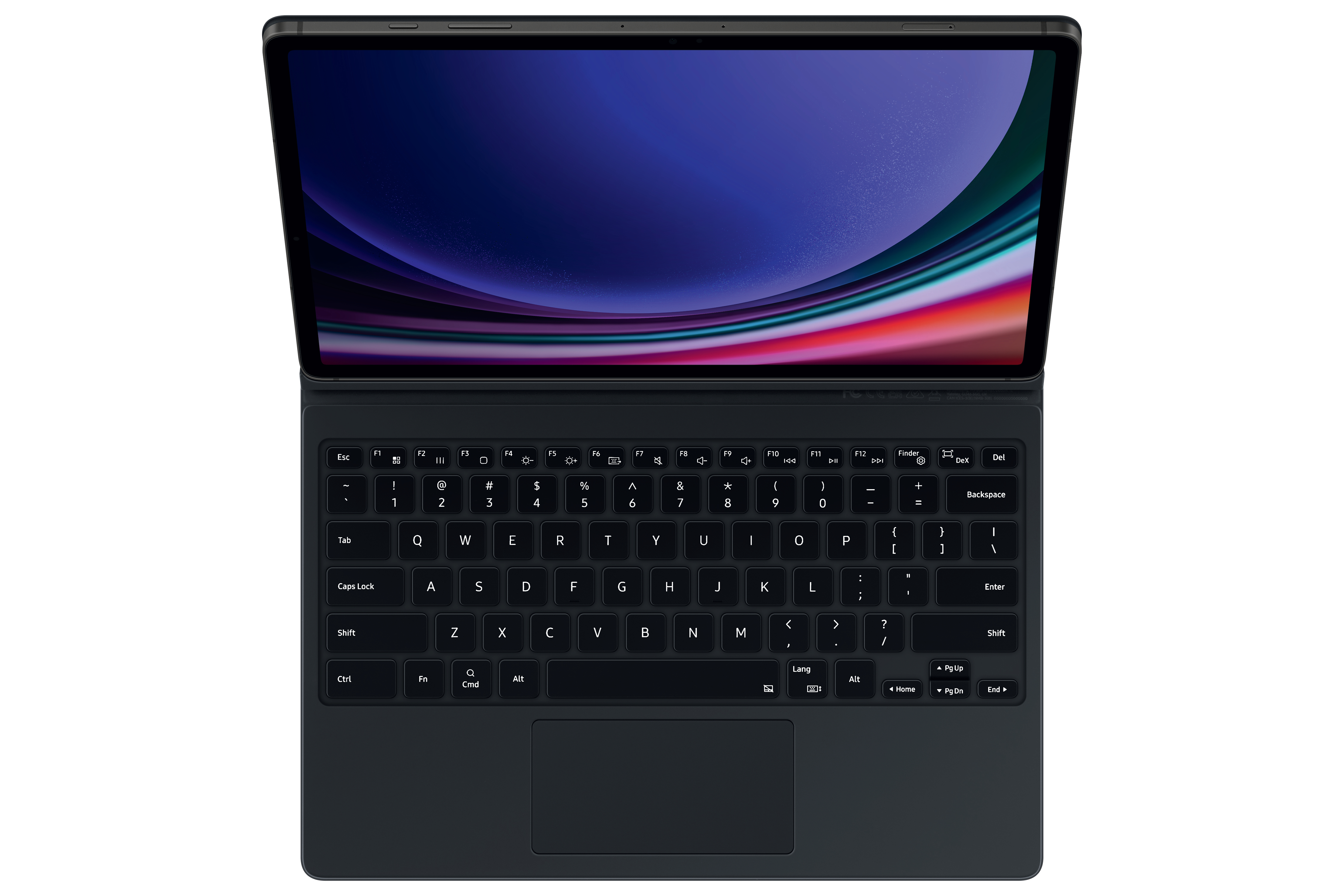 Ein Tablet mit Tastatur und Bildschirm mit farbigem Bild.