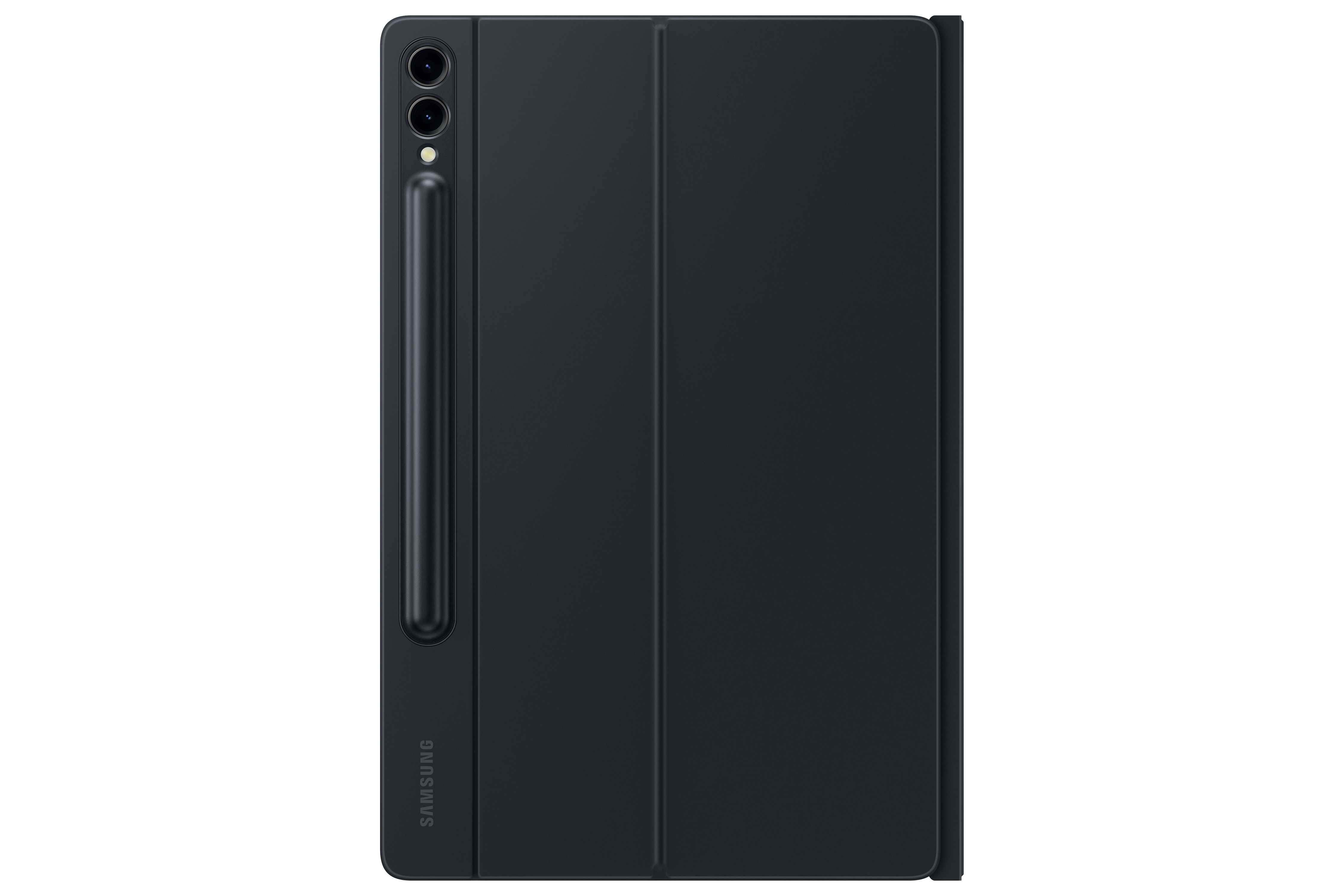 Schwarzes Tablet mit Samsung-Logo, schwarzem Stift und Kamera, auf weißem Hintergrund.