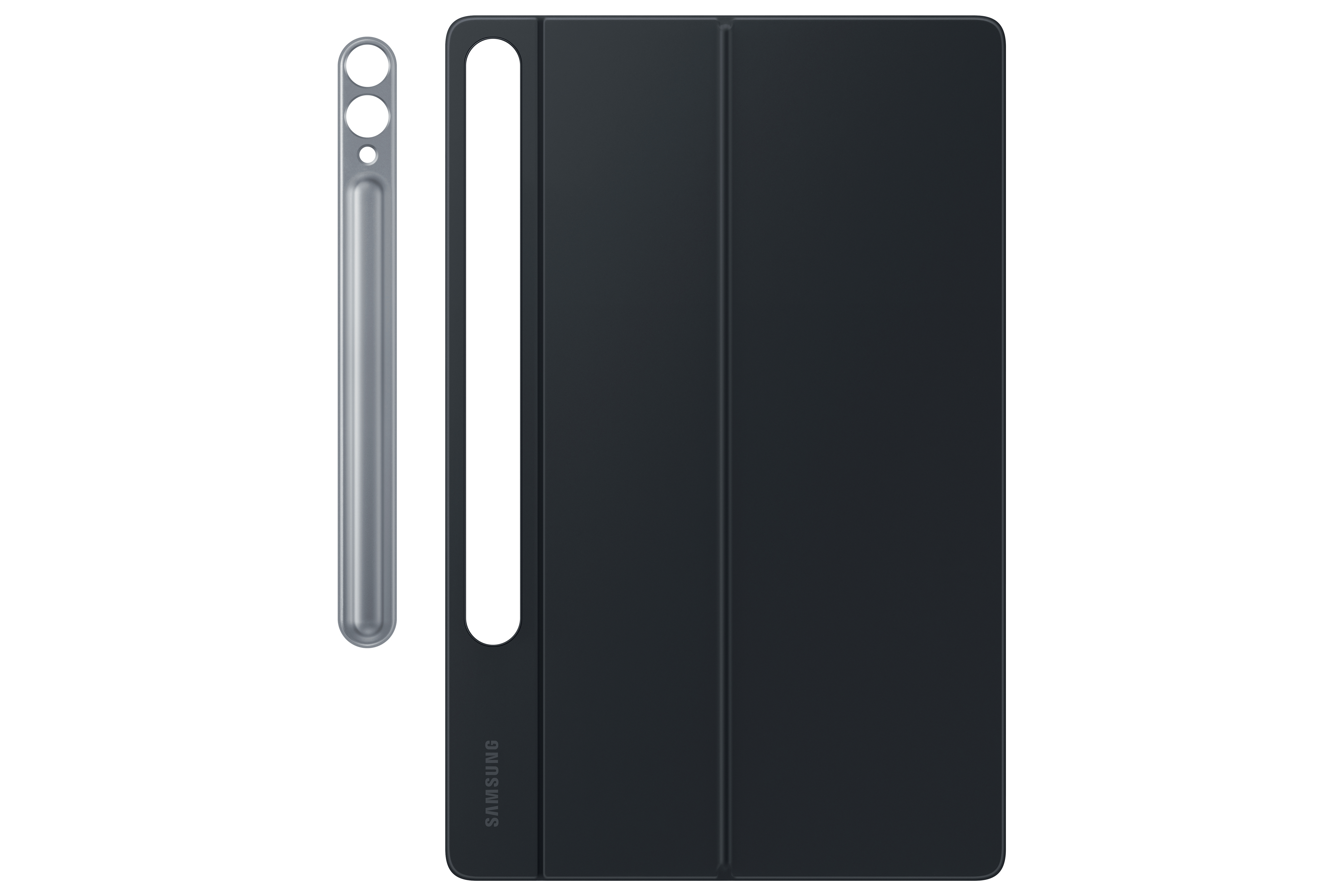 Schwarze Tablet-Hülle mit einem silbernen Stift daneben.