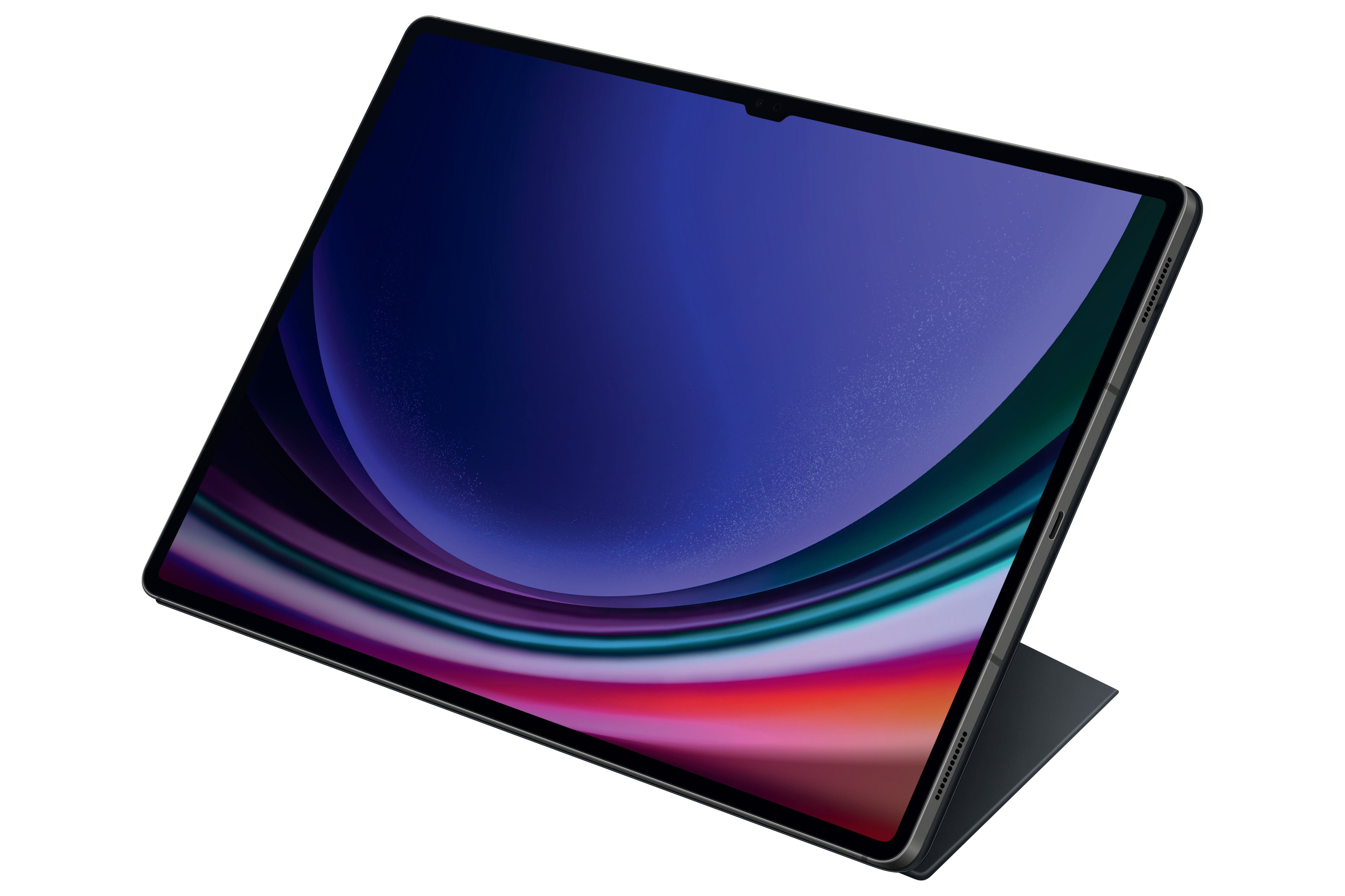 Tablet mit blauem und violettem Bildschirm, Winkelansicht. Das Tablet befindet sich auf einem dunklen Gehäuse.