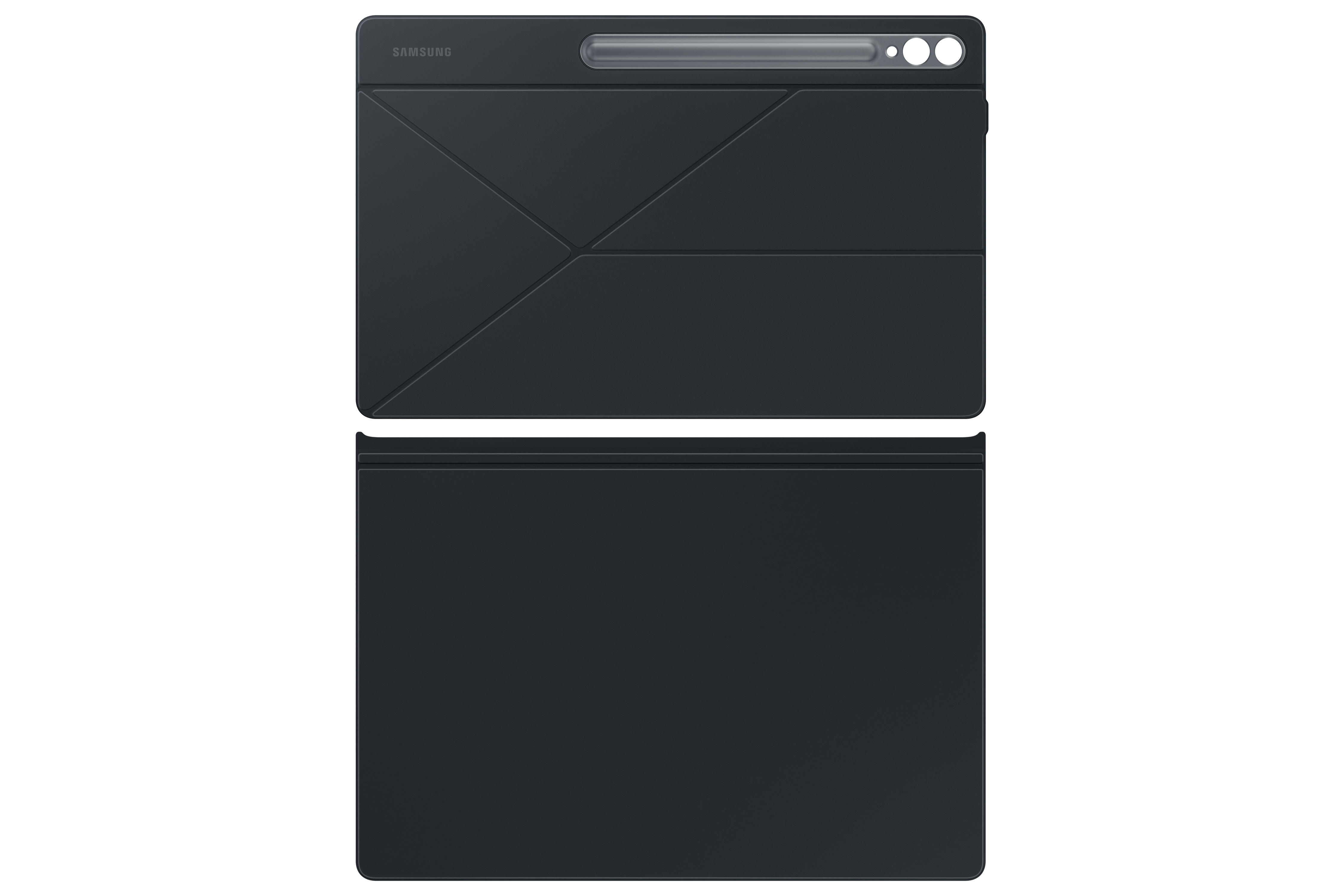Schwarze Tablet-Tastaturabdeckung, gefaltet und entfaltet, zeigt das Design.