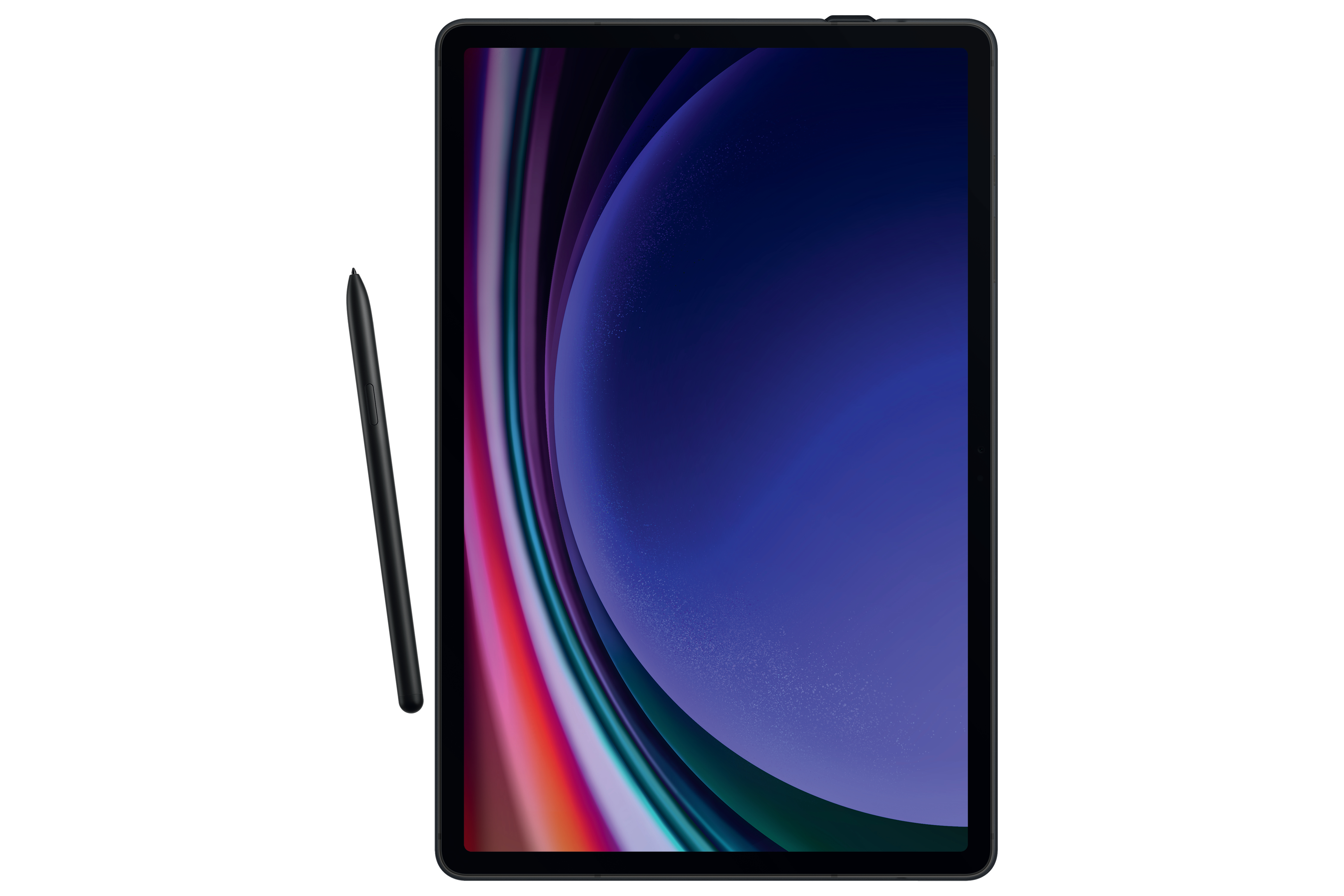 Schwarzes Tablet mit schwarzem Stift, auf weißem Hintergrund. Der Bildschirm zeigt Farben.
