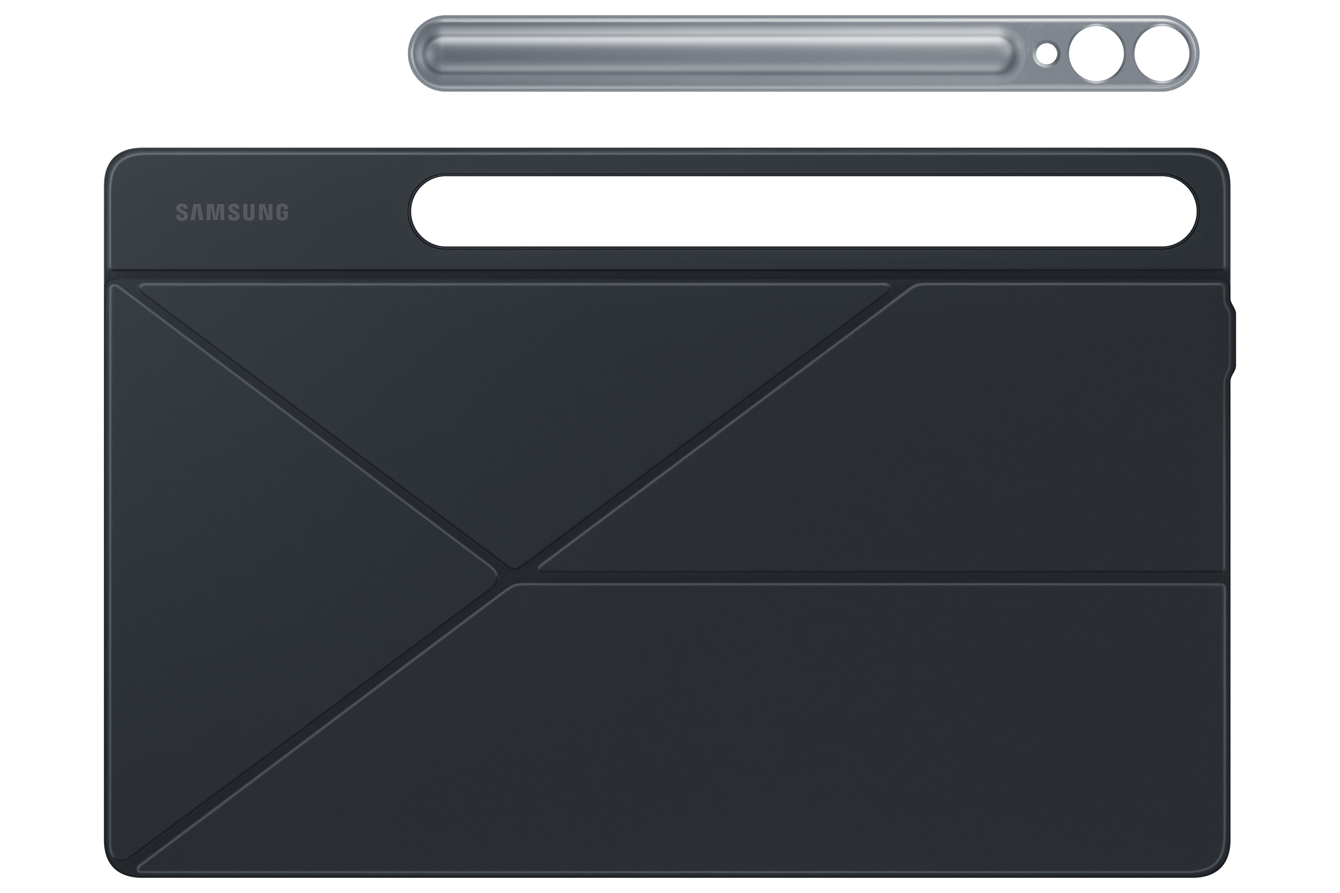 Eine schwarze Tablet-Hülle mit silbernem Stift auf weißem Hintergrund.