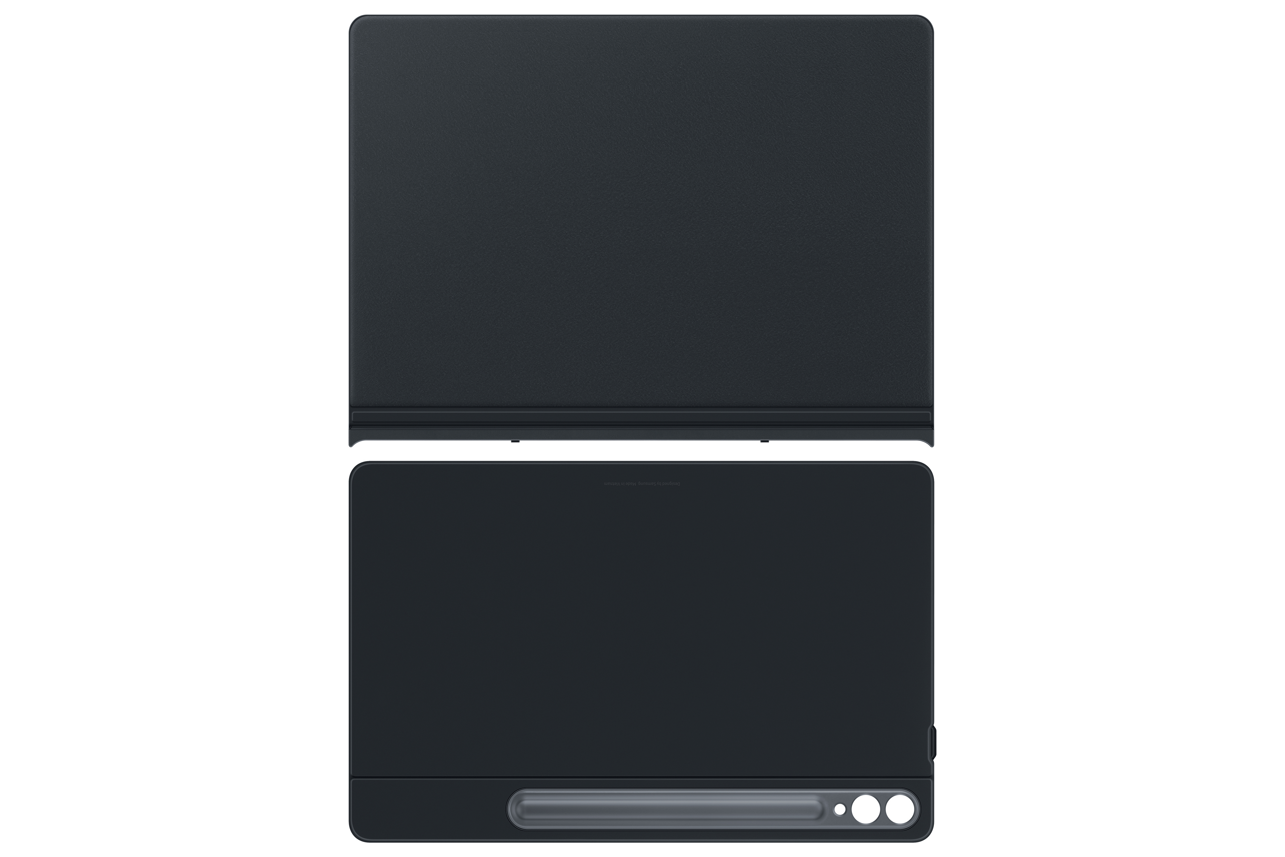 Zwei Teile einer geschlossenen, dunkelblauen Tablet-Tastatur. Obere und untere Ansicht.