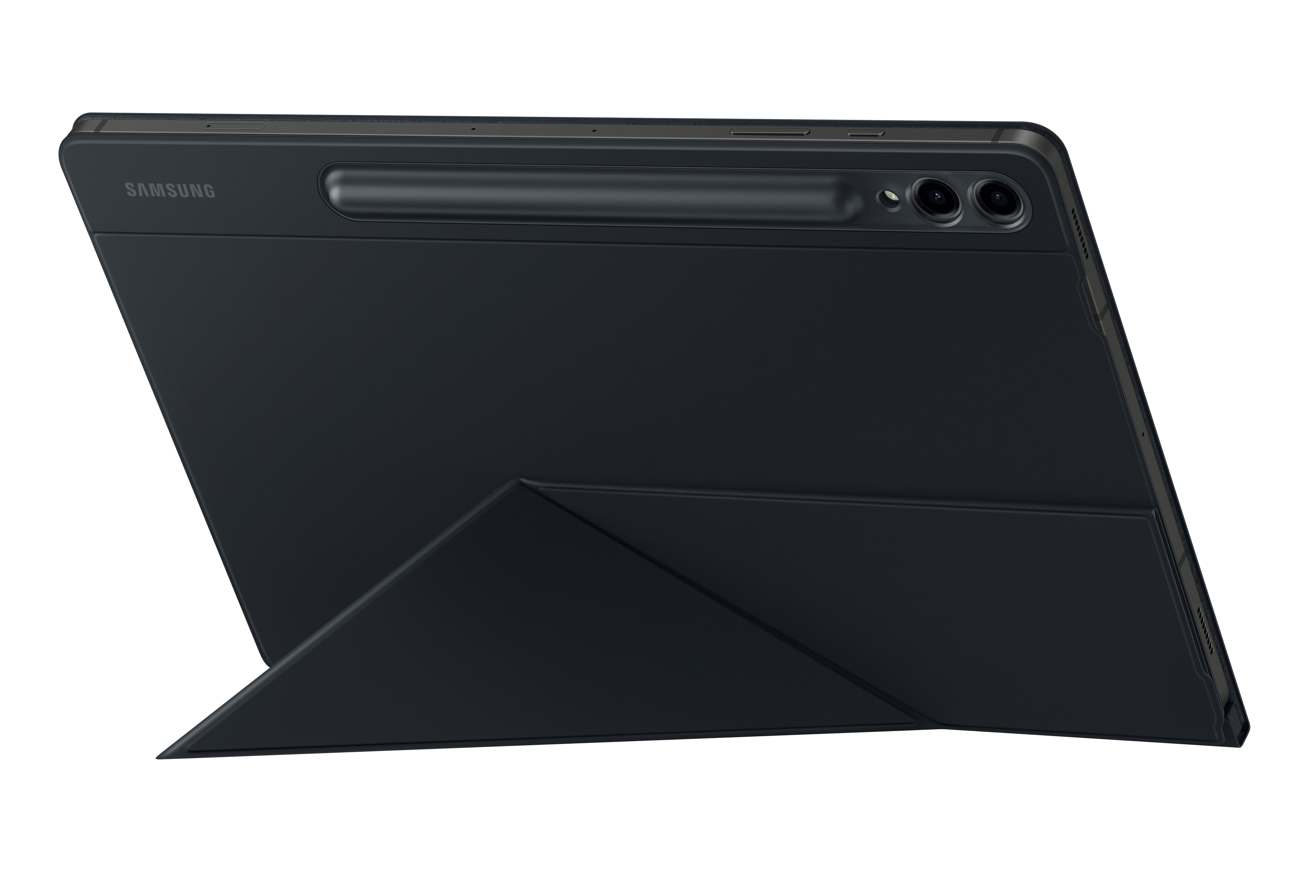 Schwarzes Tablet mit Ständer, Samsung-Logo, Stift und Kamera, auf weißem Hintergrund.