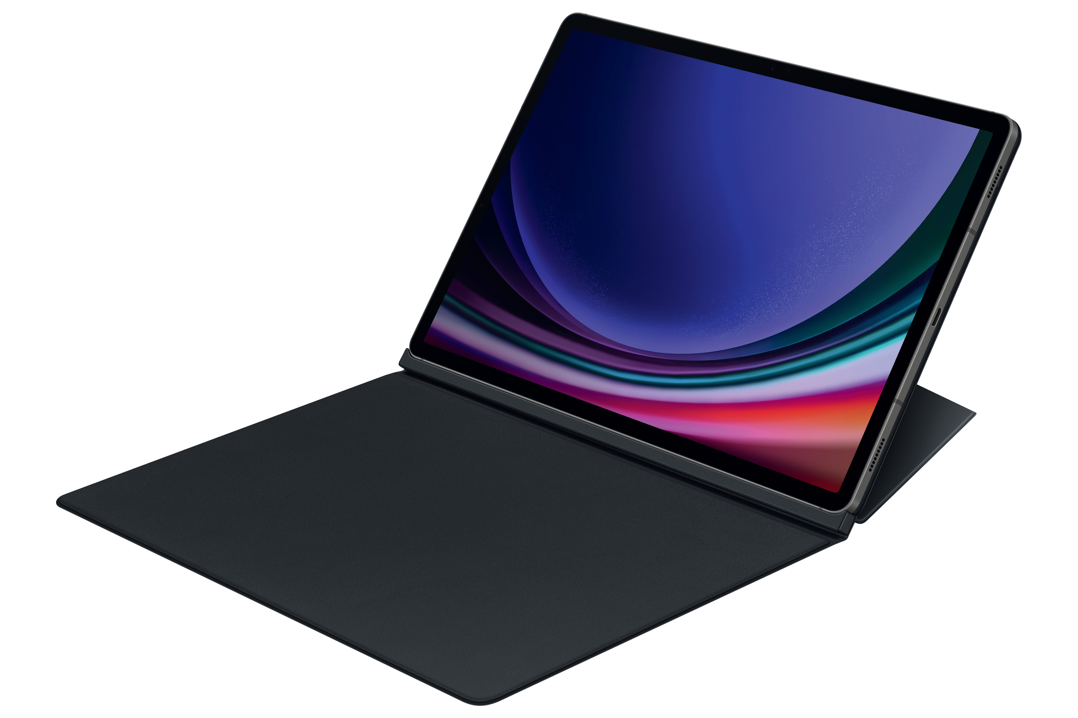 Ein Tablet mit einer Tastaturabdeckung. Das Tablet ist geöffnet und zeigt ein farbenfrohes Bild.