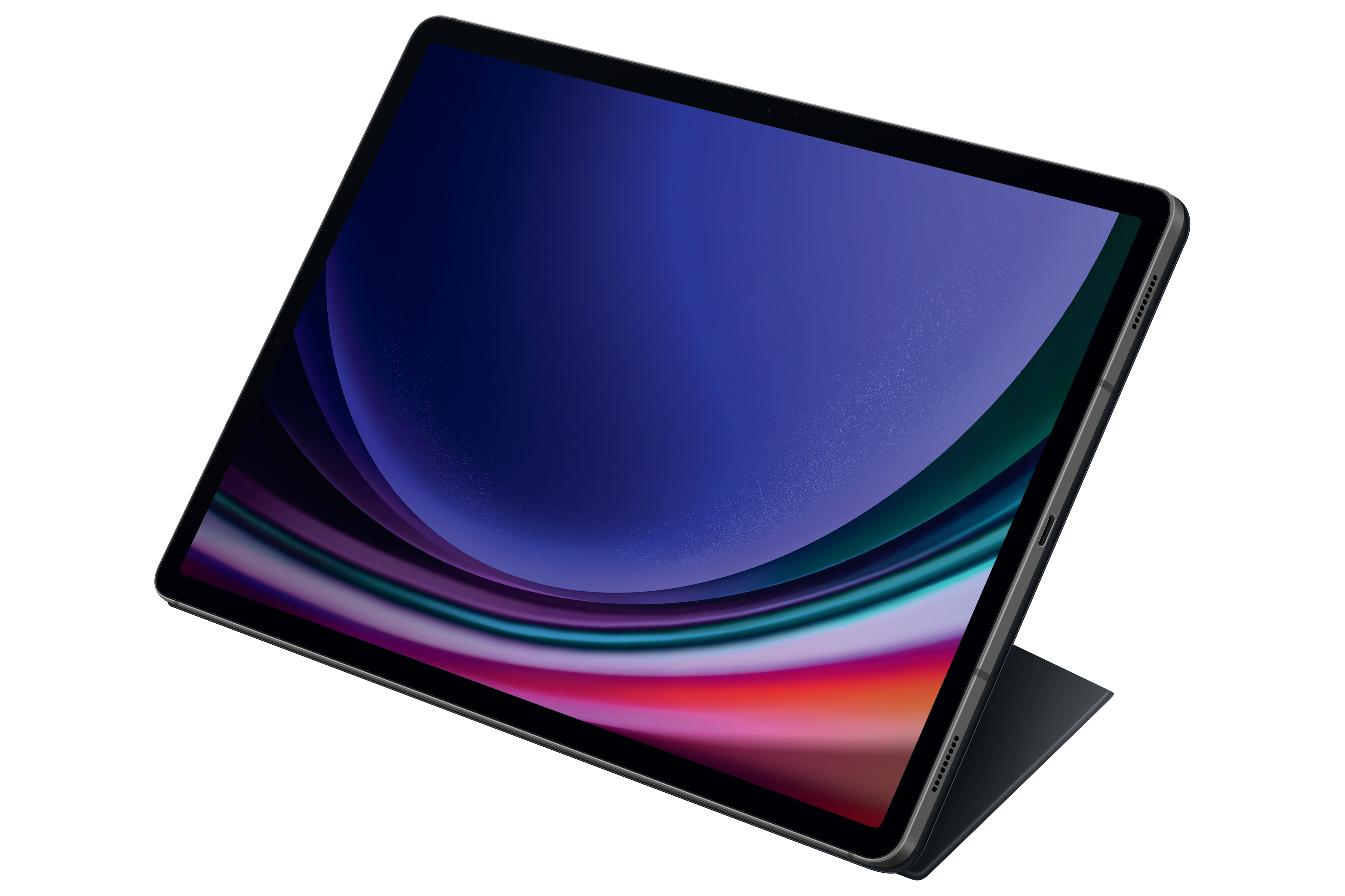 Tablet mit großem Bildschirm, der ein farbenfrohes abstraktes Bild zeigt. Eine schwarze Hülle ist befestigt.