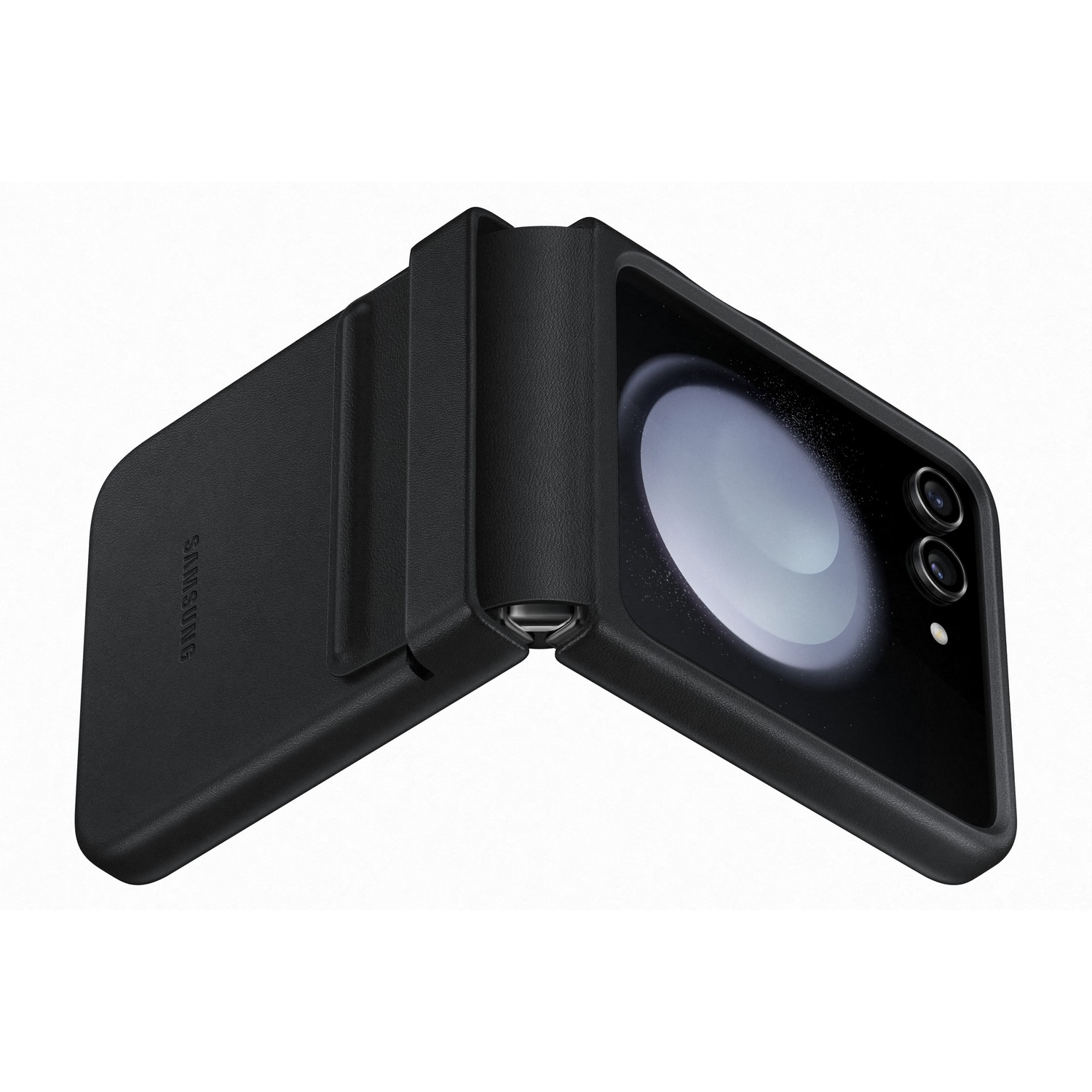Zwarte Samsung telefoonhoes open, toont telefoonschermen en camera's.