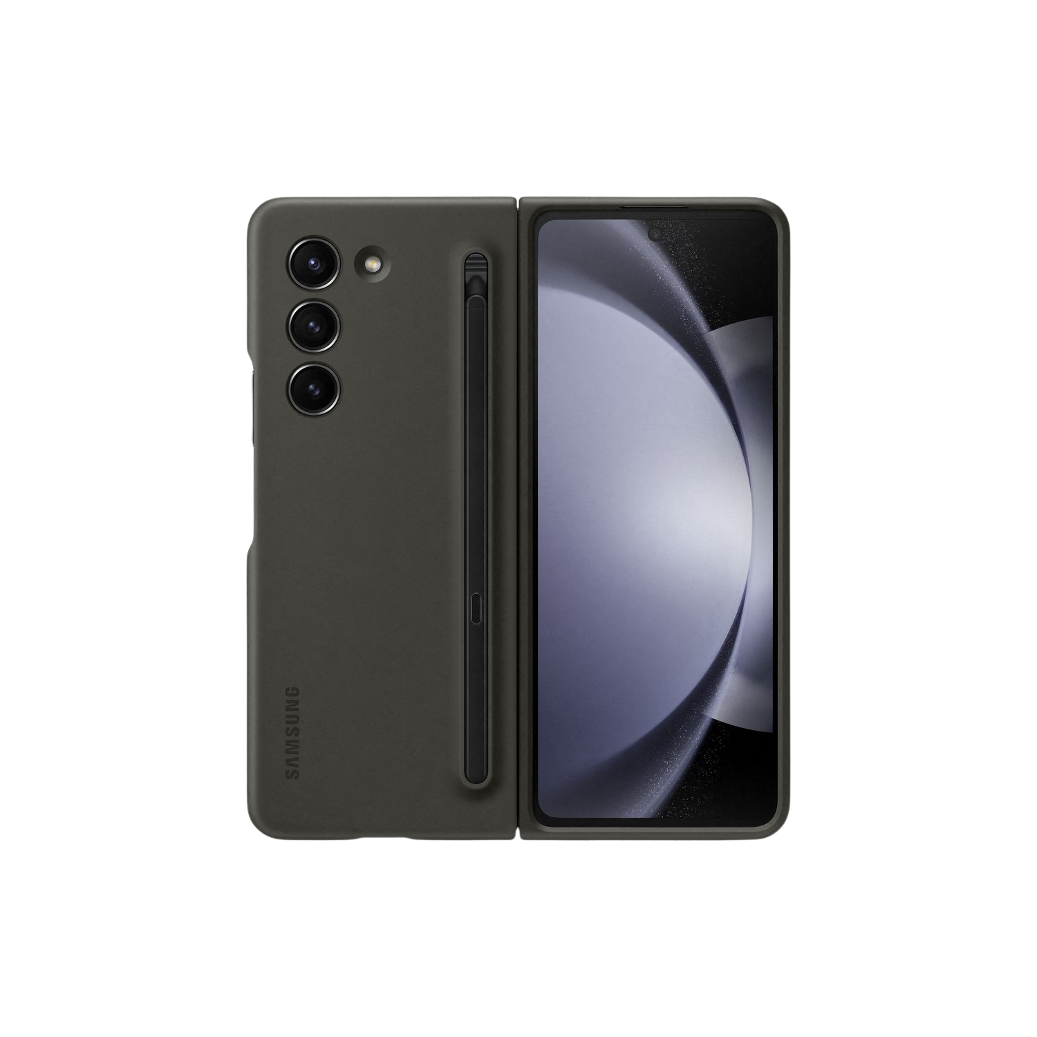 Een Samsung telefoonhoesje met een ingebouwde stylus en een telefoon met een opvouwbaar scherm.
