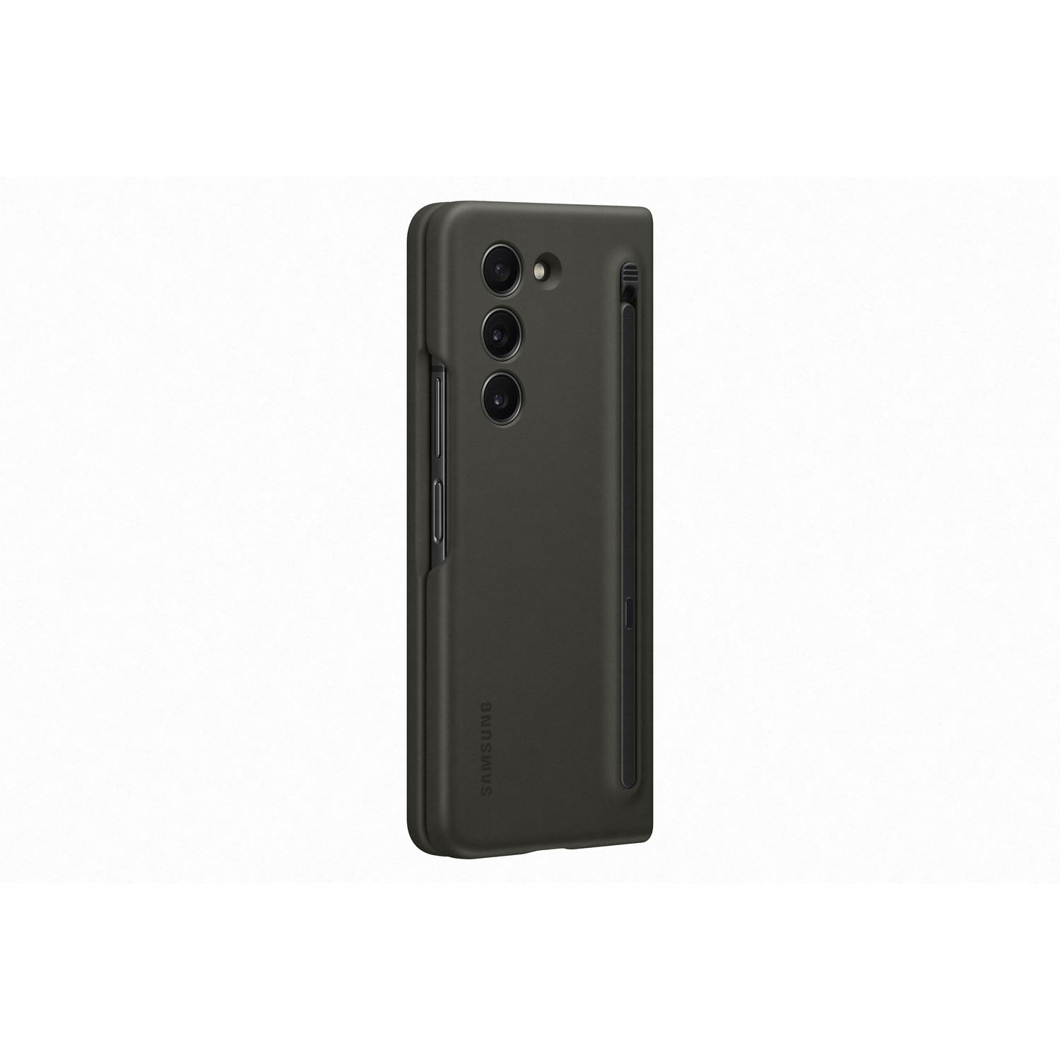 Een zwarte telefoonhoes met een pennensleuf en drie cameralenzen, met een Samsung-logo.