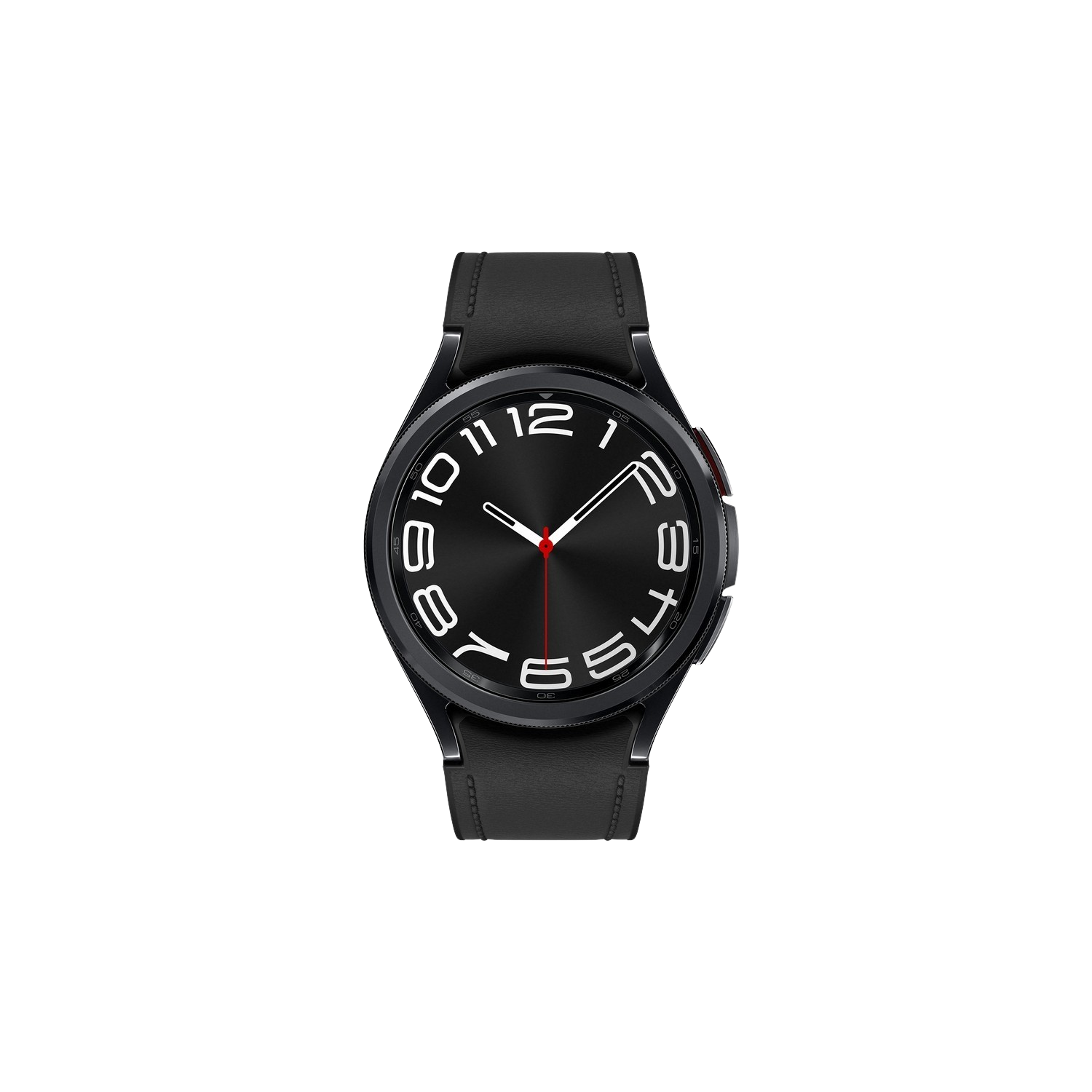 Zwarte Samsung smartwatch met witte cijfers, een zwarte band en een rode accent aan de zijkant.