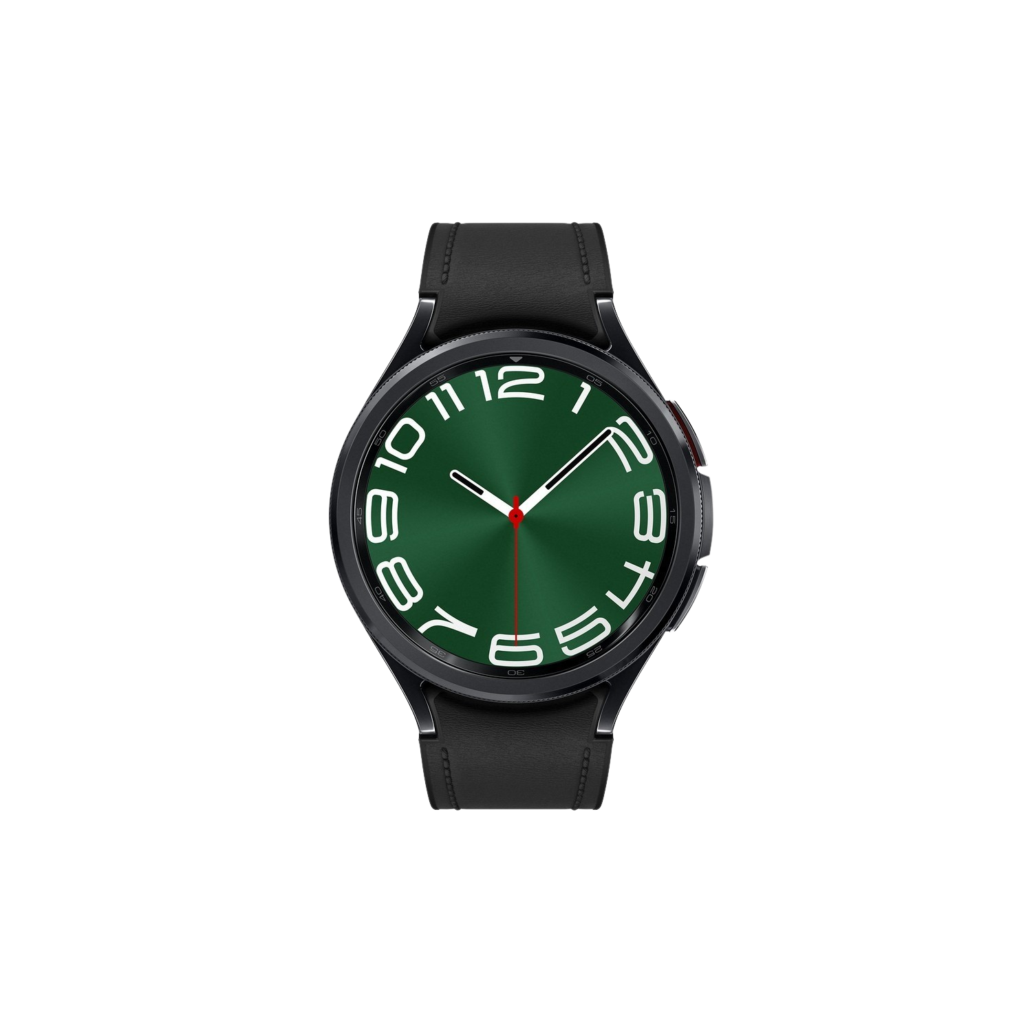Zwarte smartwatch met een groene wijzerplaat en witte cijfers. Zwarte band.