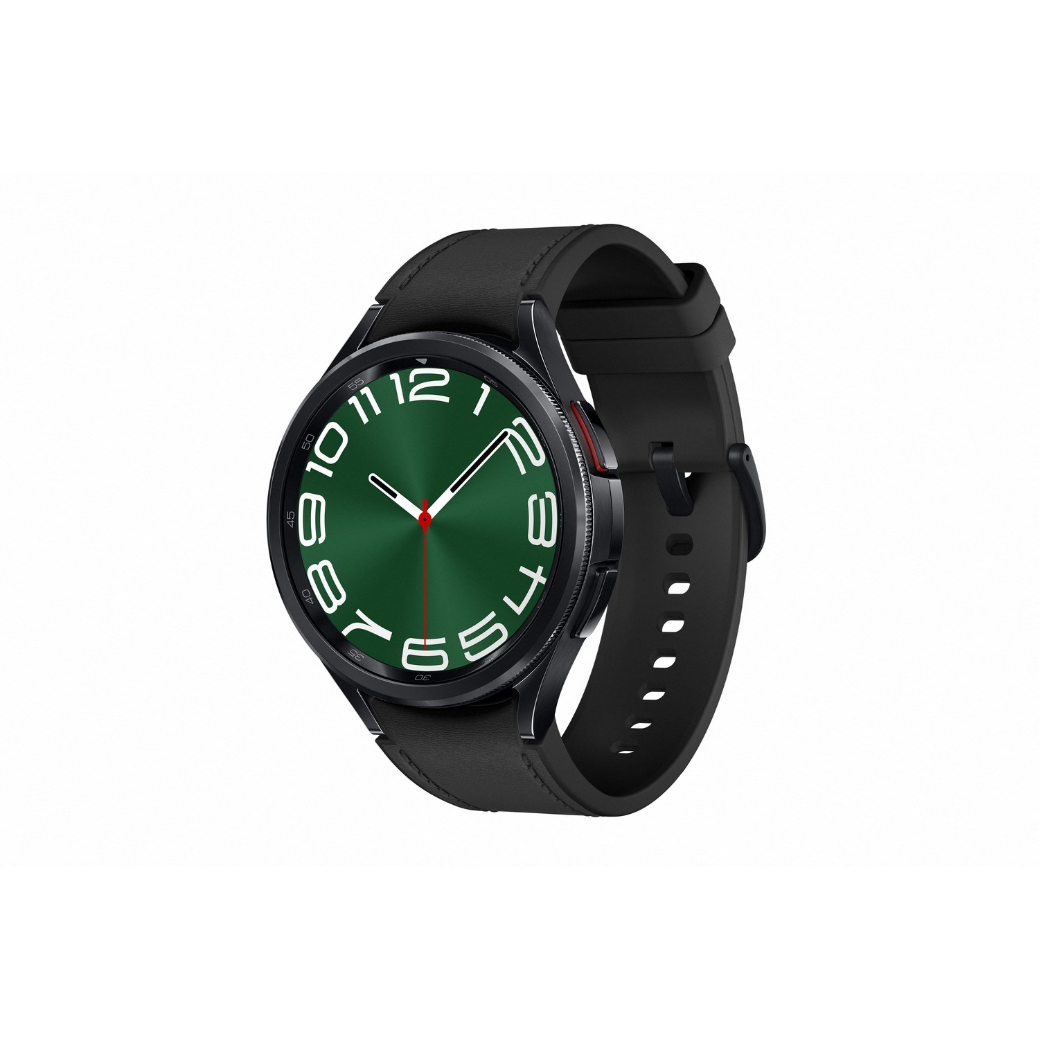Smartwatch met zwarte band en groene wijzerplaat.