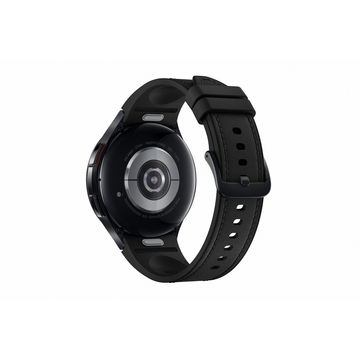 Zwarte smartwatch, achteraanzicht, met een zwarte band. De achterkant toont sensoren.