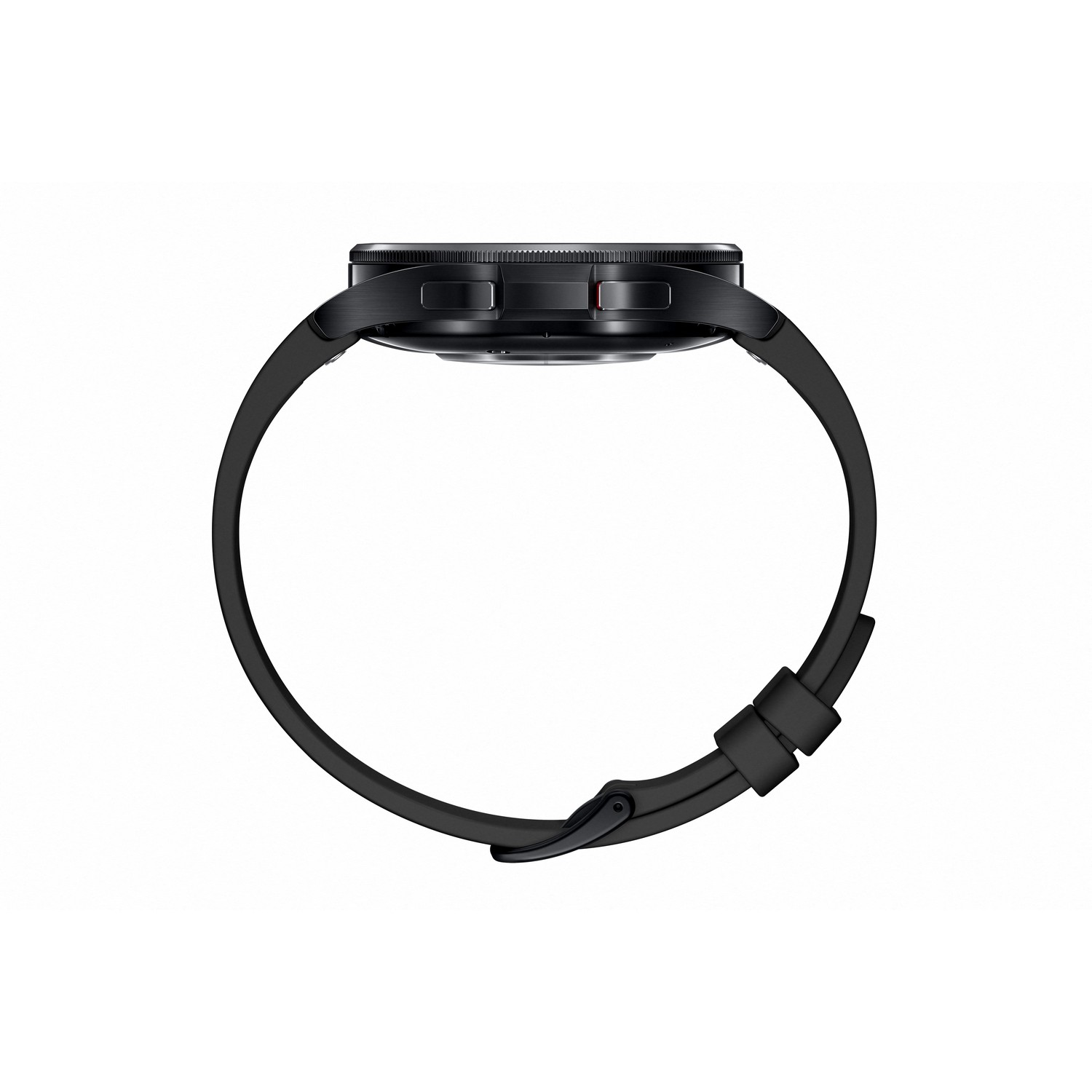 Een zwarte smartwatch met zwarte band, zijaanzicht, geïsoleerd op een witte achtergrond.