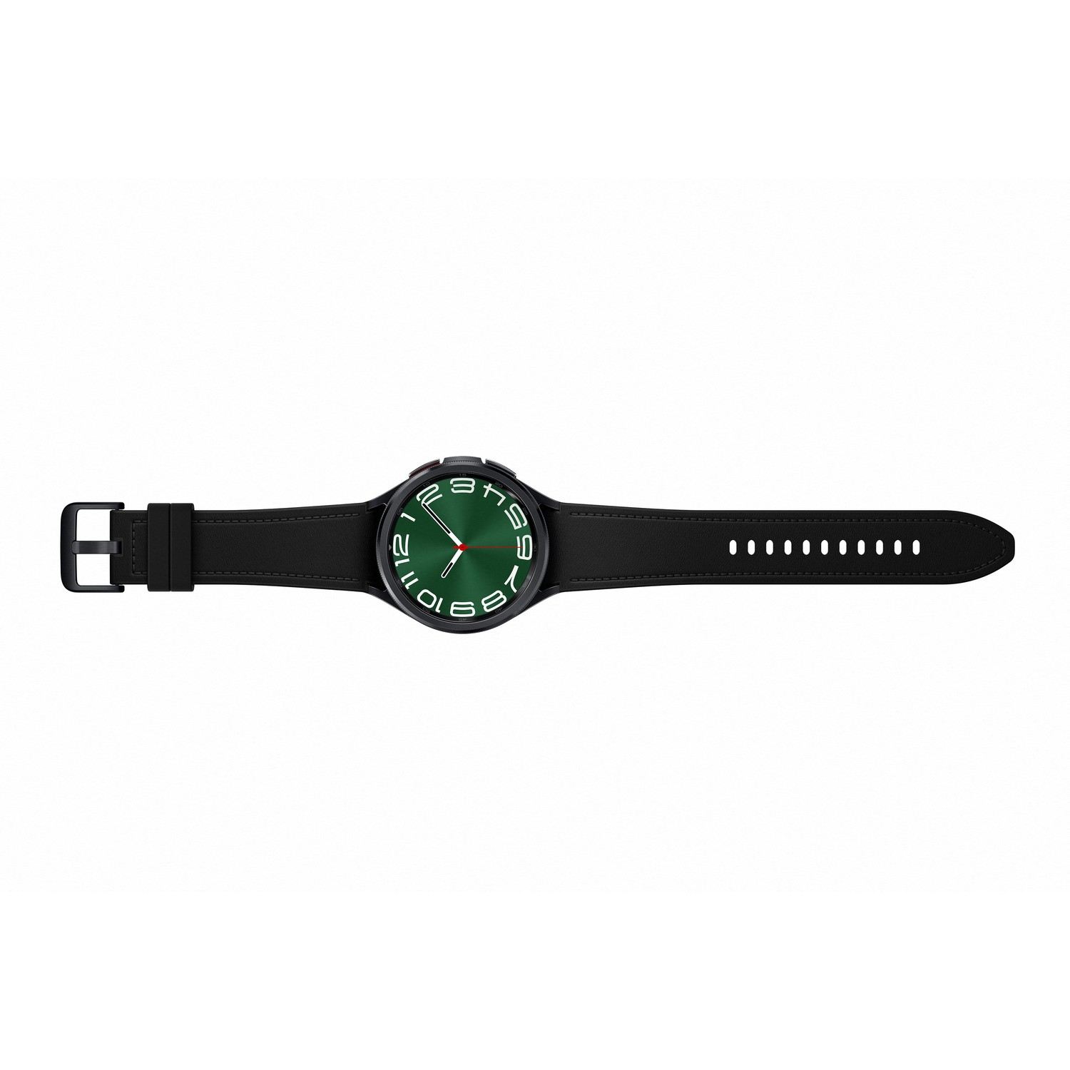 Zwarte smartwatch met zwarte band, groen display met witte cijfers, witte achtergrond.