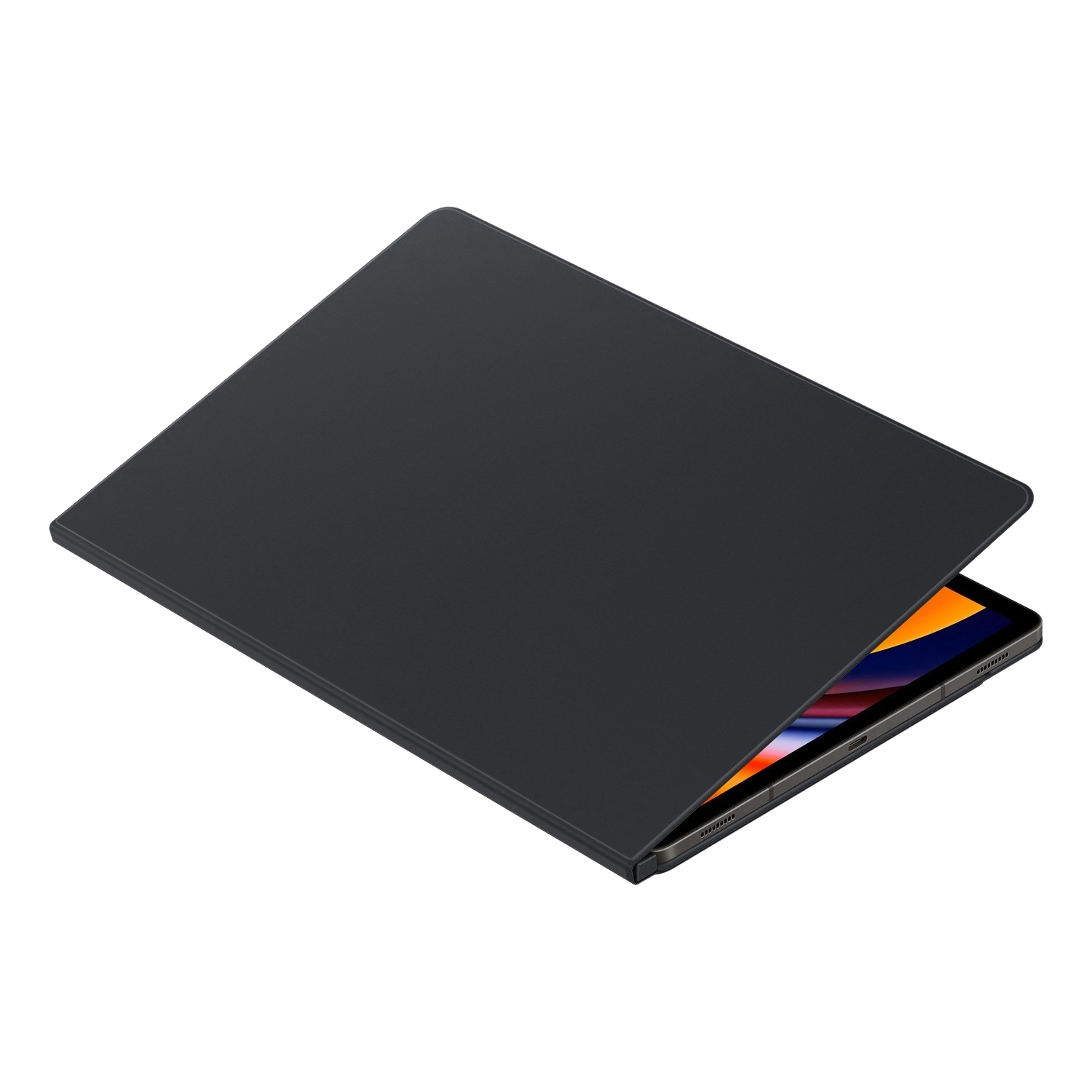 Tablette avec couverture. Couverture sombre. La tablette est légèrement ouverte, montrant l'écran.