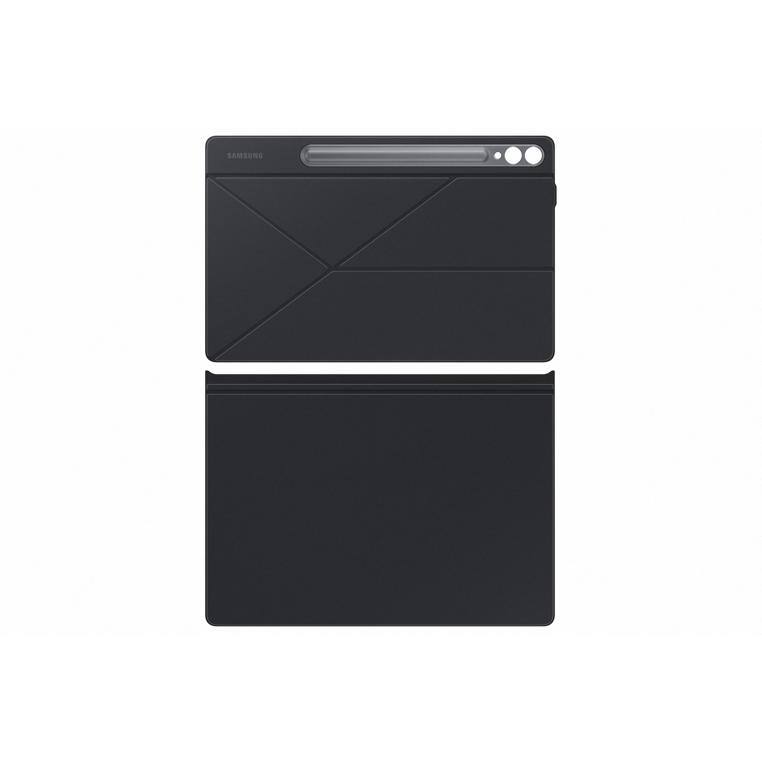 Housse de tablette noire avec emplacement pour stylo. Deux pièces, une pliée.