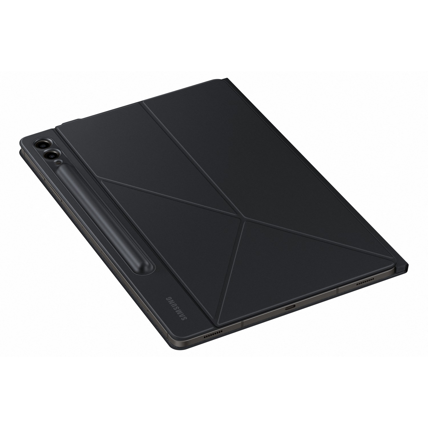 Une tablette noire avec une housse noire pliée. Un stylet est dans le support.