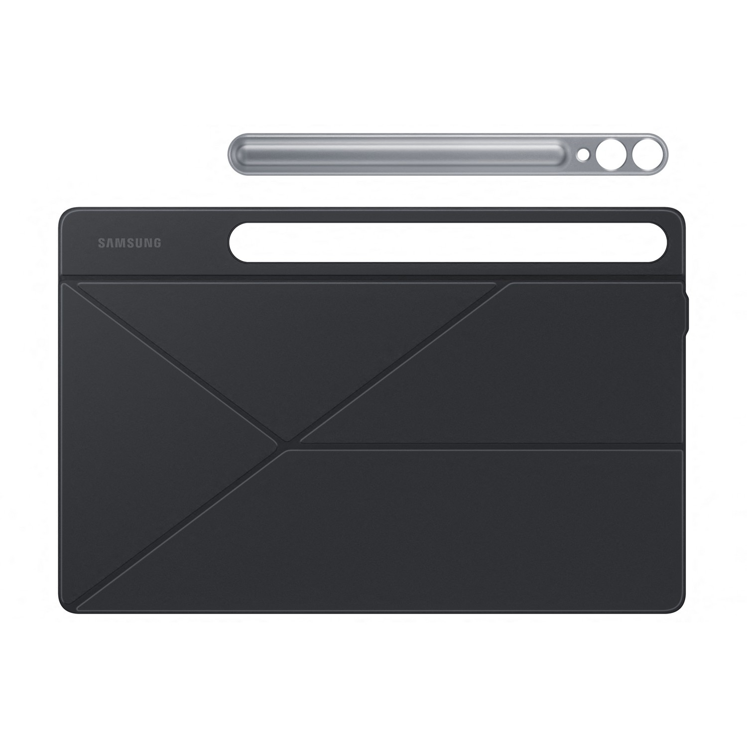 Housse de tablette Samsung noire avec stylo, la housse est pliée, avec un stylo et une tablette. Le stylo est argenté.
