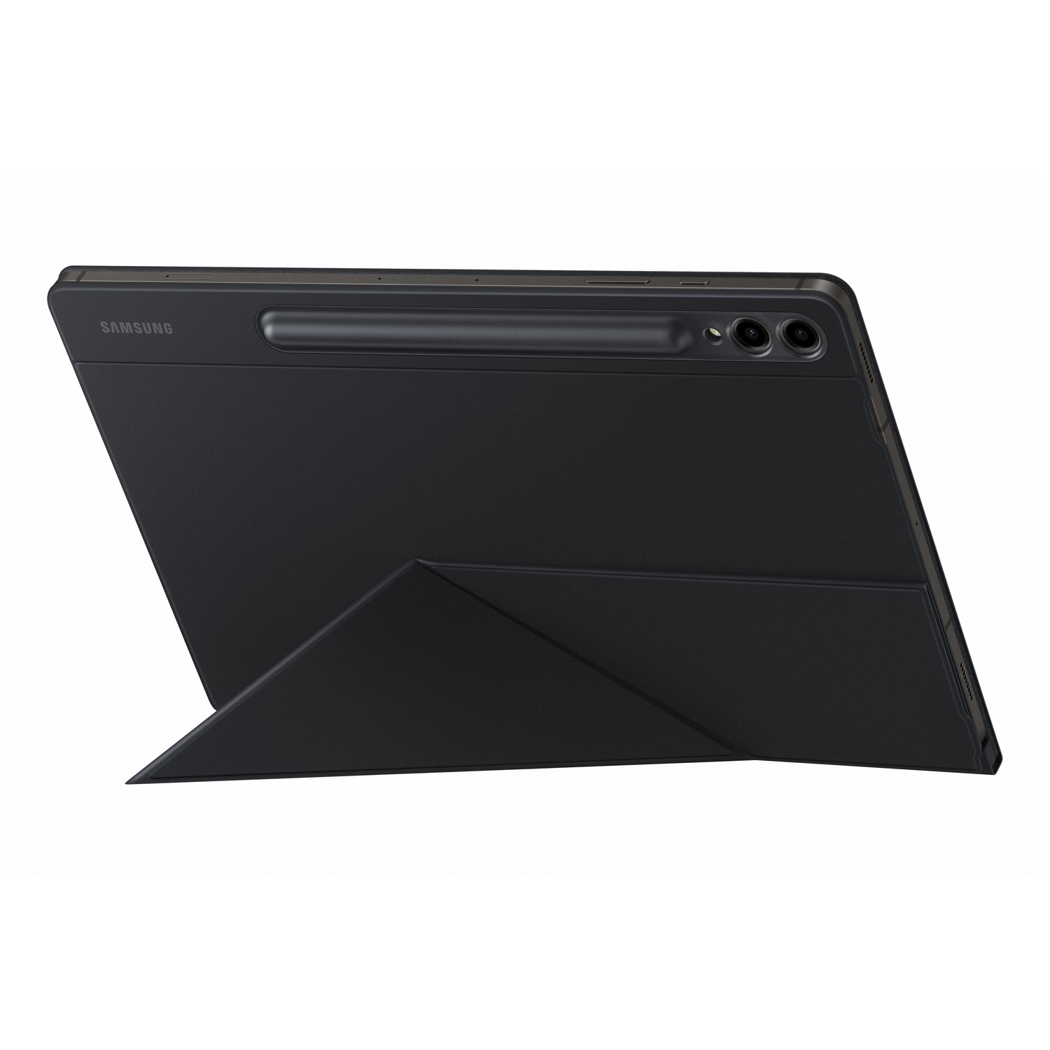 Tablette noire avec une coque noire pliée en support. La tablette a des caméras arrière.