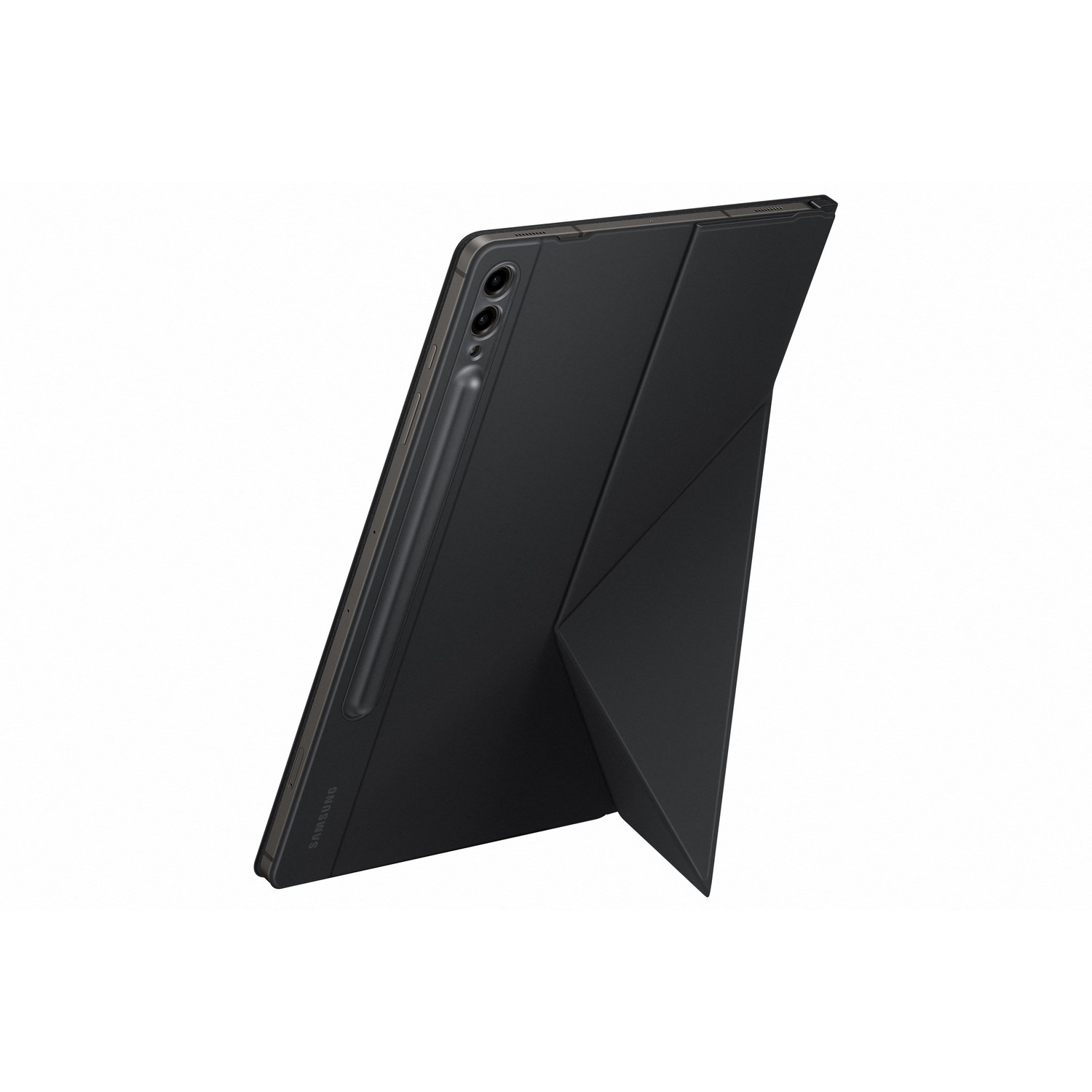 Tablette noire avec un stylet. Fond blanc.