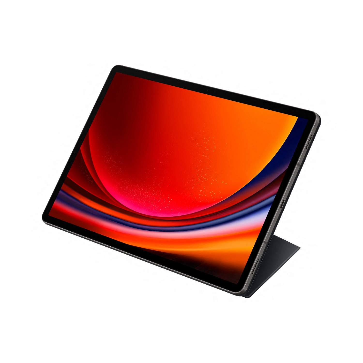 Tablette noire avec écran rouge et orange. Couverture noire. Fond blanc.