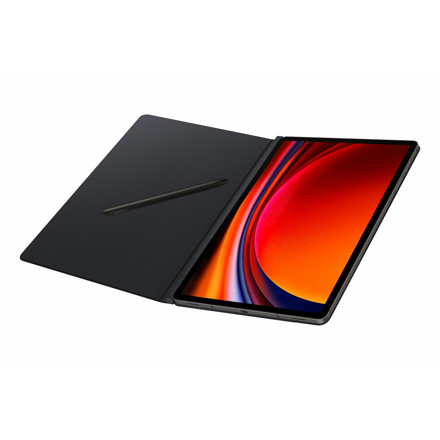 Tablette noire avec stylet et étui. Écran rouge et orange sur fond blanc.