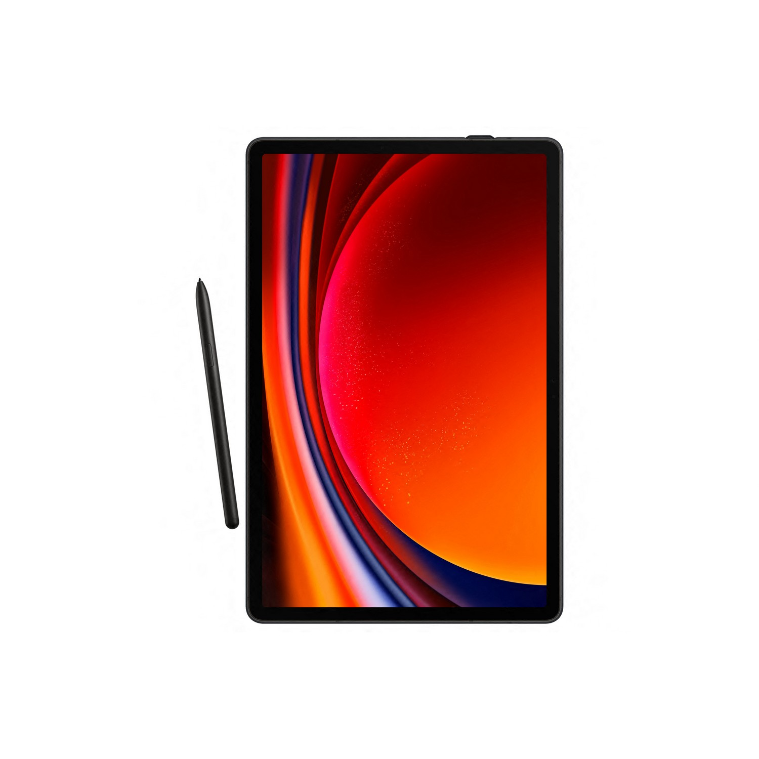 Une tablette noire avec un écran coloré et un stylo noir, sur fond blanc.